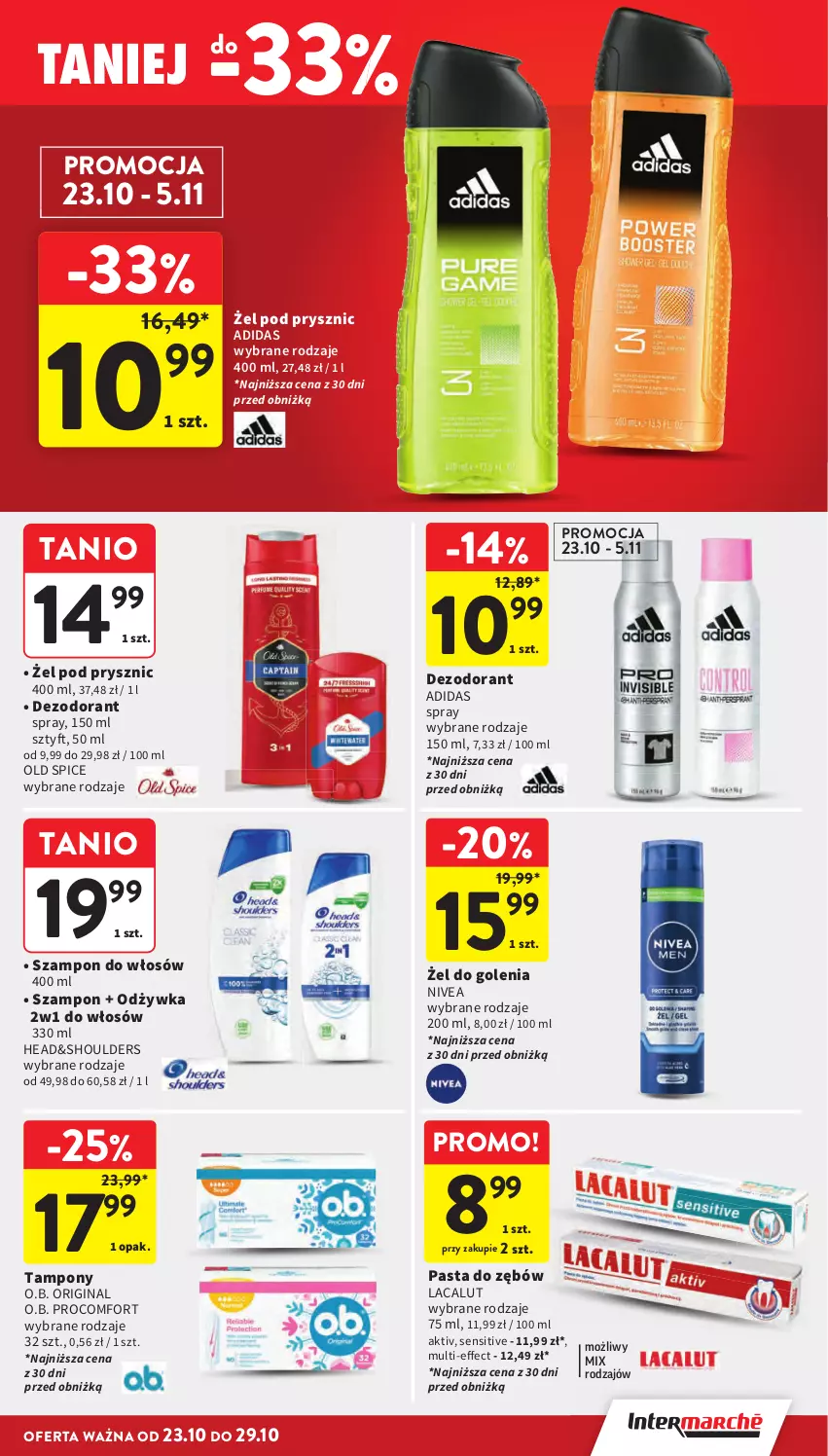 Gazetka promocyjna Intermarche - Gazetka promocyjna - ważna 23.10 do 29.10.2025 - strona 35 - produkty: Adidas, Dezodorant, Gin, Lacalut, Nivea, O.B., Odżywka, Old Spice, Pasta do zębów, Szampon, Tampony