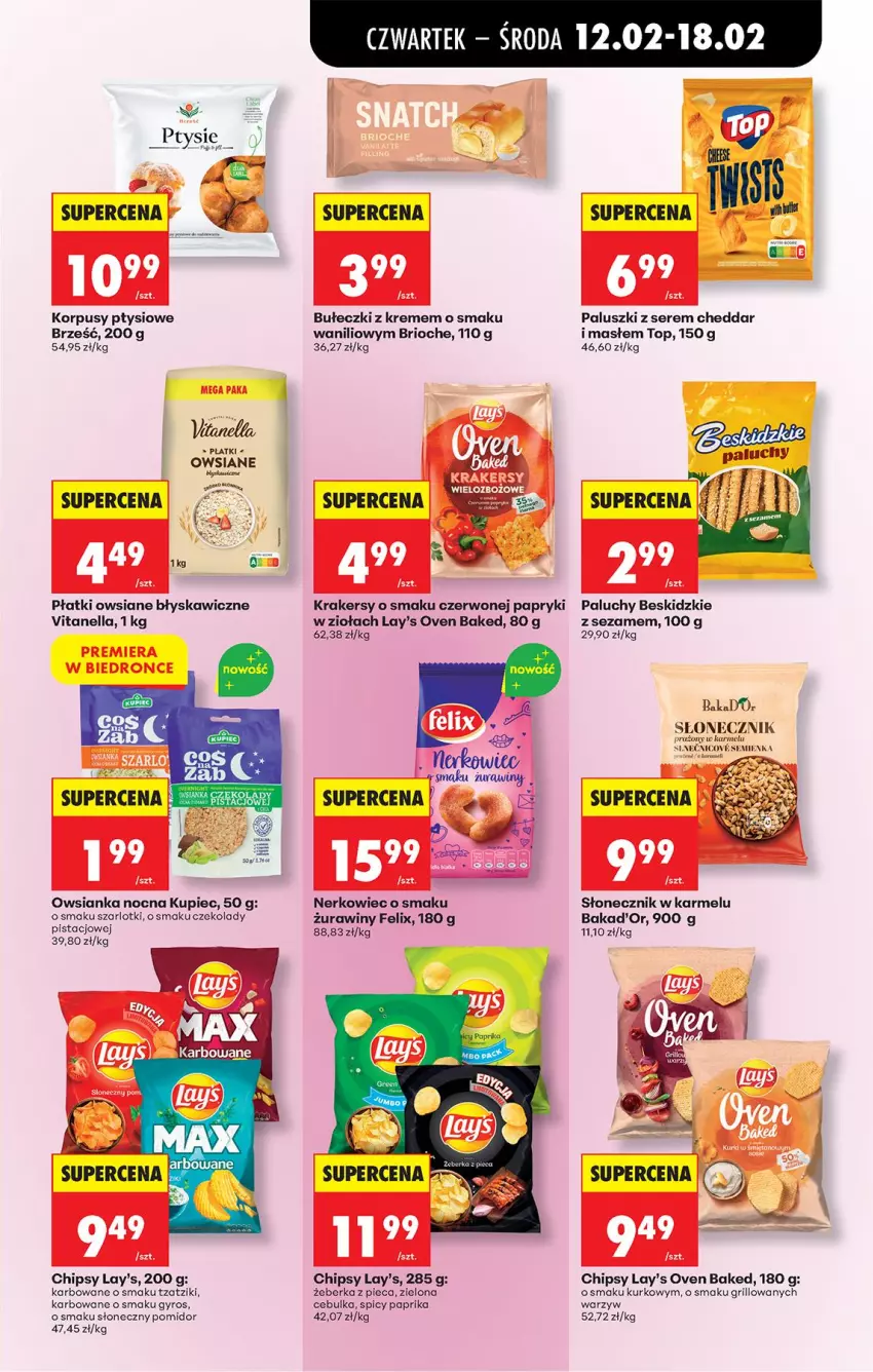 Gazetka promocyjna Biedronka - Gazetka - ważna 12.02 do 19.02.2026 - strona 57 - produkty: Beskidzki, Bułeczki, Cheddar, Chipsy, Fa, Felix, Grill, Gyros, Korpusy, Krakersy, Kupiec, Owsianka, Piec, Płatki owsiane, Ser, Sezam, Top