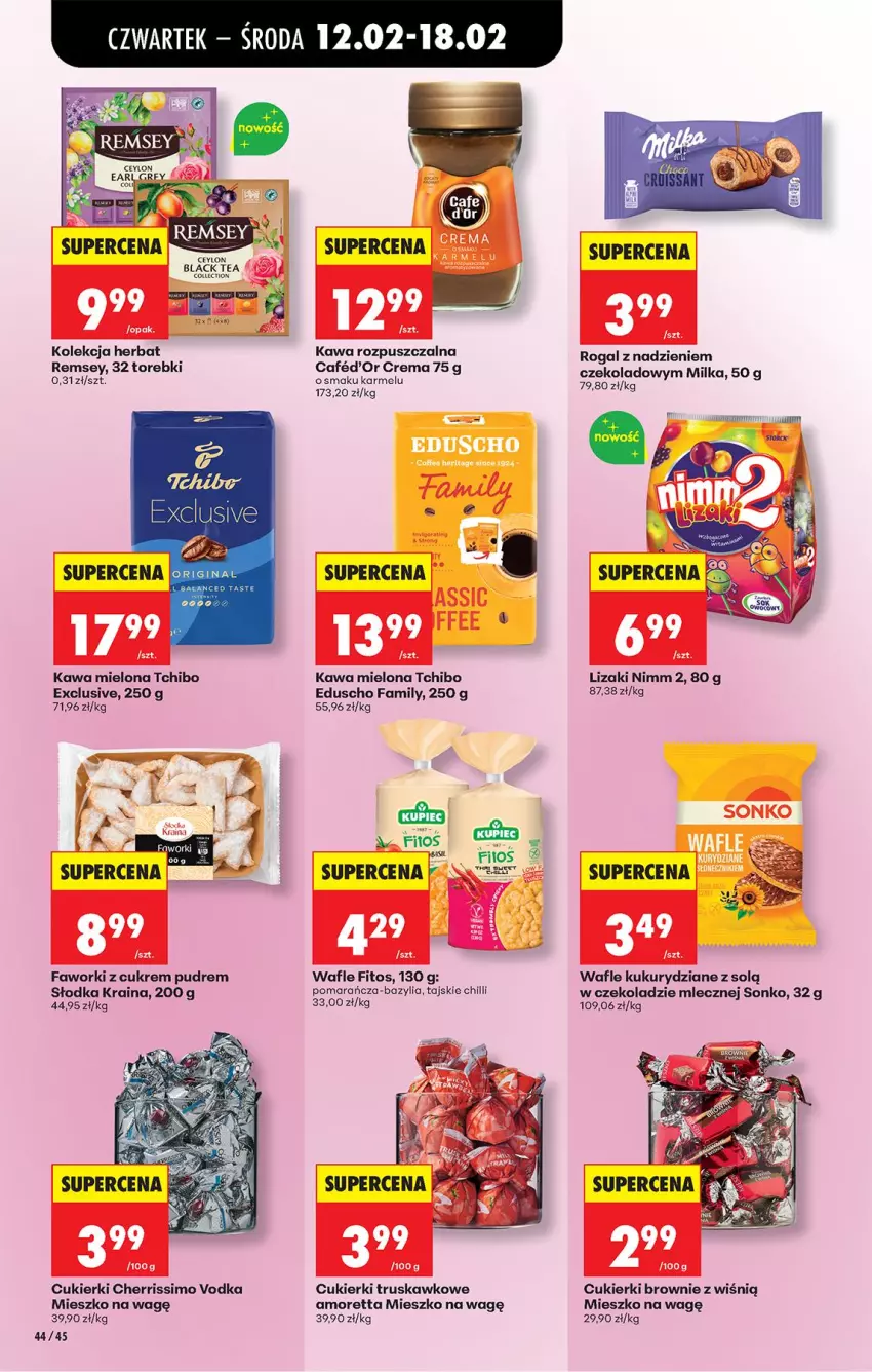 Gazetka promocyjna Biedronka - Gazetka - ważna 12.02 do 19.02.2026 - strona 62 - produkty: Bazyl, Bazylia, Brownie, Cukier, Cukierki, Fa, Faworki, Gin, Kawa, Kawa mielona, Kawa rozpuszczalna, Lizaki, Milka, Rogal, Sonko, Tchibo, Wafle