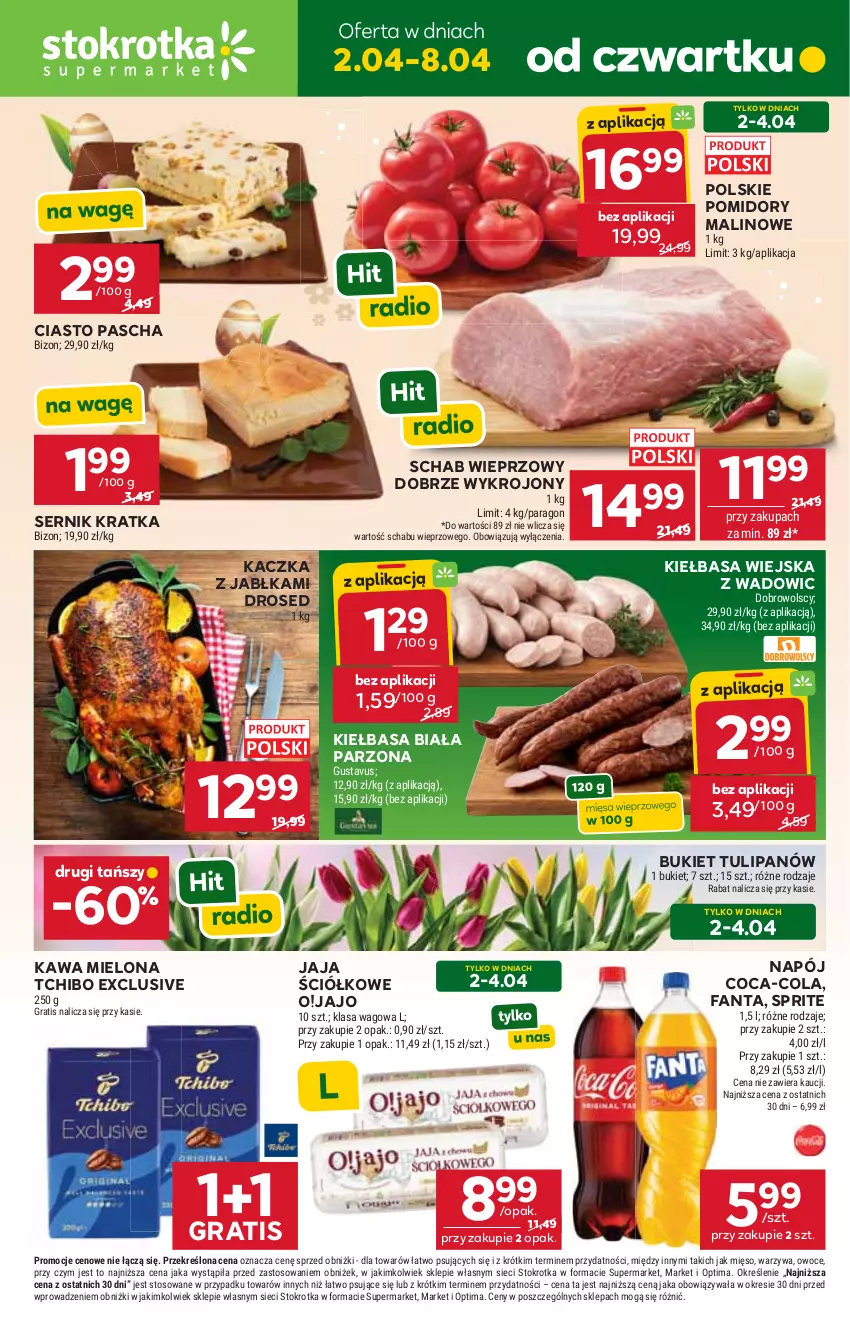 Gazetka promocyjna Stokrotka - Supermarket - ważna 02.04 do 08.04.2026 - strona 1 - produkty: Bukiet, Coca-Cola, Fa, Fanta, Gra, Jabłka, Jaja, Kaczka, Kawa, Kawa mielona, Kiełbasa, Kiełbasa biała, Kiełbasa wiejska, Mięso, Napój, Optima, Owoce, Pomidory, Schab wieprzowy, Ser, Sprite, Tchibo, Tulipan, Warzywa