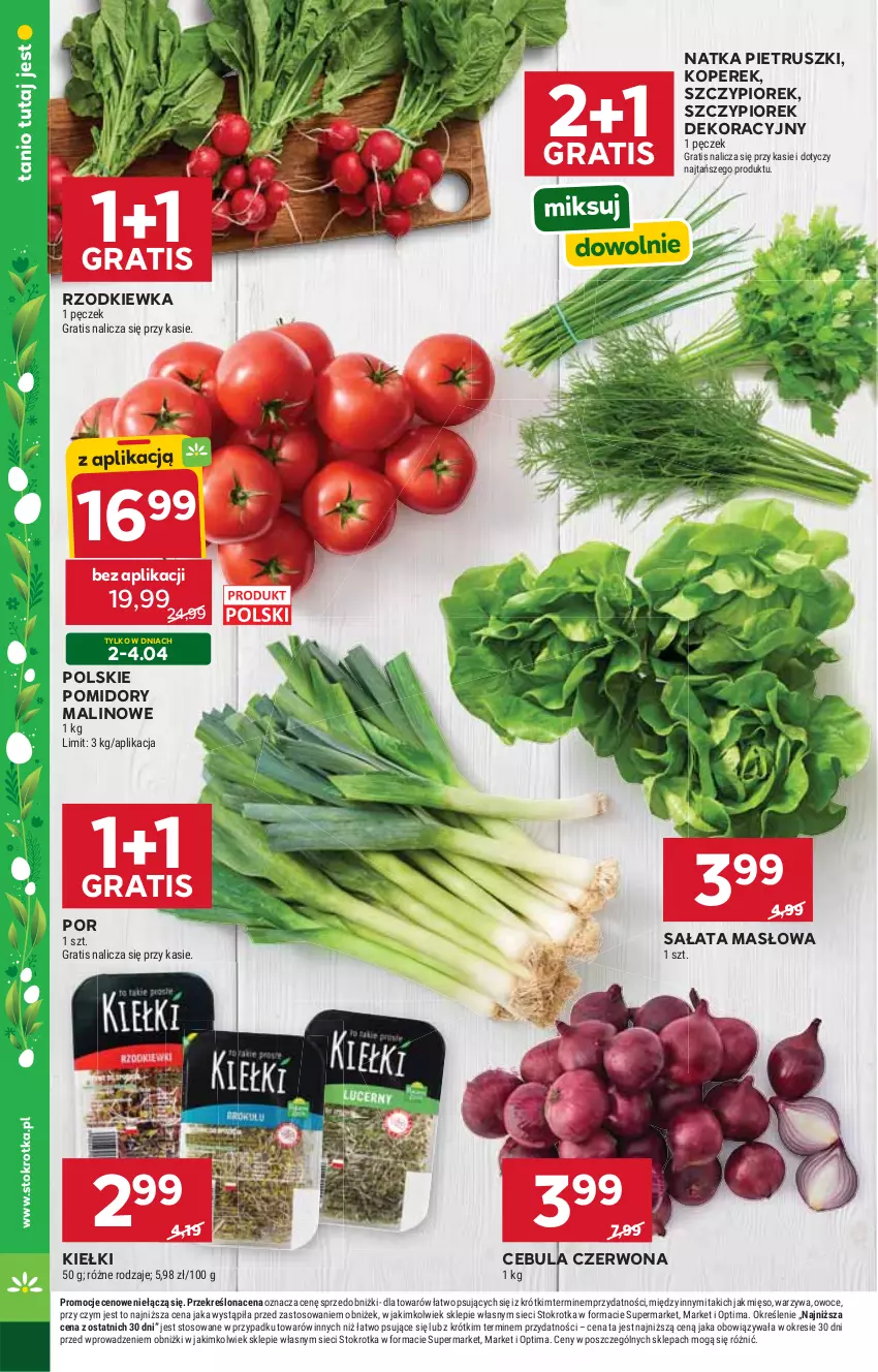 Gazetka promocyjna Stokrotka - Supermarket - ważna 02.04 do 08.04.2026 - strona 11 - produkty: Cebula, Cebula czerwona, Gra, Kiełki, Masło, Mięso, Natka pietruszki, Optima, Owoce, Pomidory, Por, Rzodkiewka, Sałat, Sałata masłowa, Warzywa