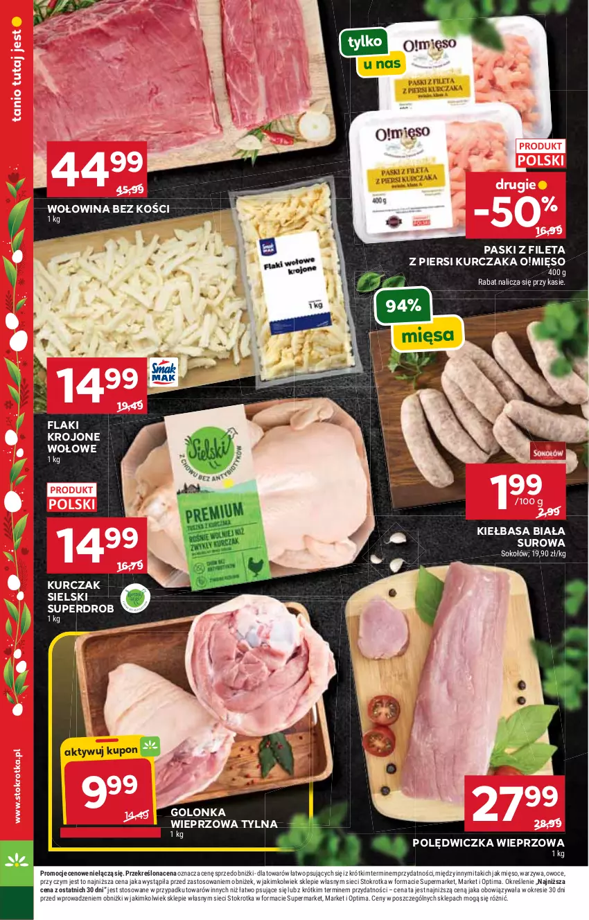 Gazetka promocyjna Stokrotka - Supermarket - ważna 02.04 do 08.04.2026 - strona 15 - produkty: Flaki, Golonka wieprzowa, Kiełbasa, Kiełbasa biała, Kurczak, Mięso, Optima, Owoce, Polędwiczka wieprzowa, Sok, Sokołów, Warzywa, Wołowina, Wołowina bez kości