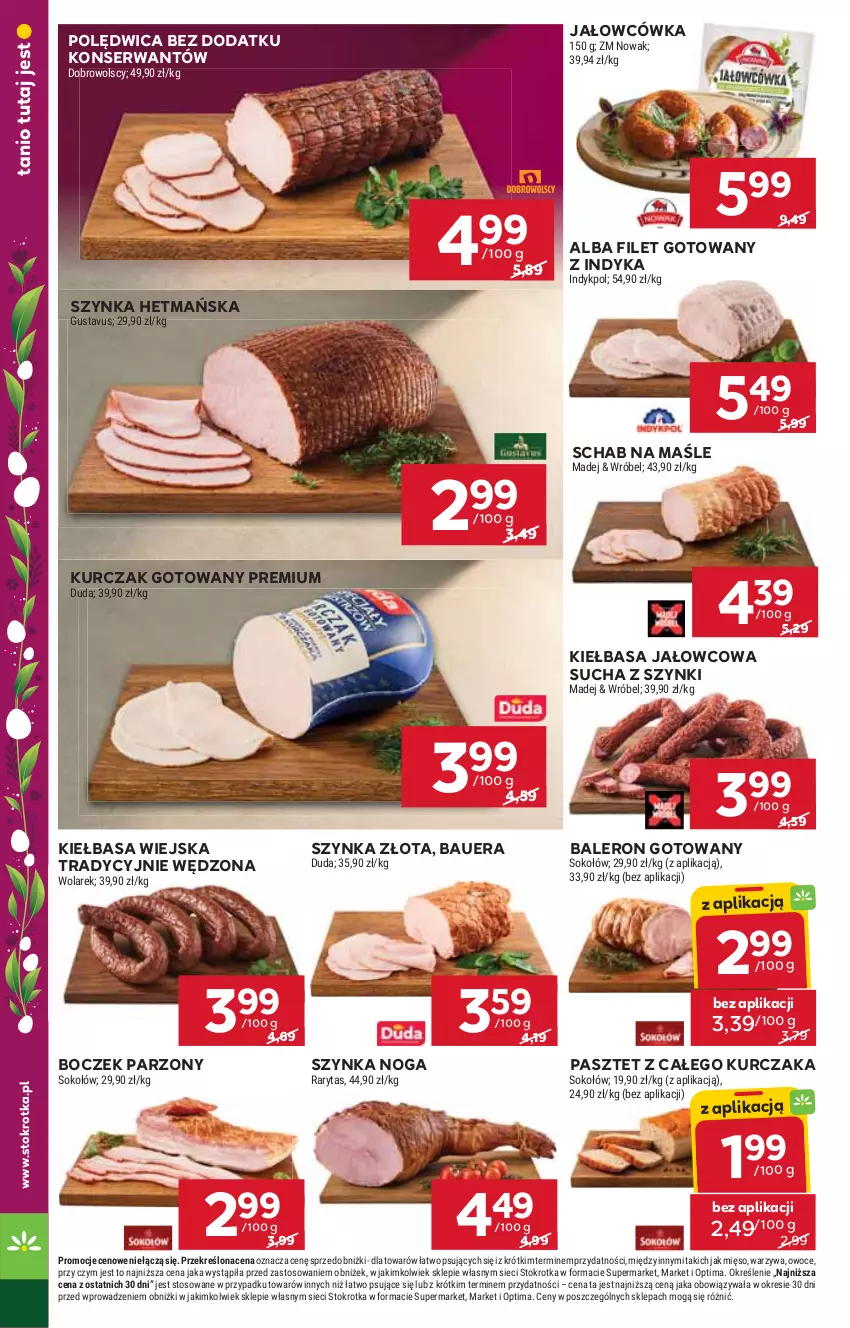 Gazetka promocyjna Stokrotka - Supermarket - ważna 02.04 do 08.04.2026 - strona 16 - produkty: Boczek, Duda, Kiełbasa, Kiełbasa wiejska, Kurczak, Kurczak gotowany, Mięso, NOWAK, Optima, Owoce, Pasztet, Polędwica, Ser, Sok, Sokołów, Szynka, Warzywa