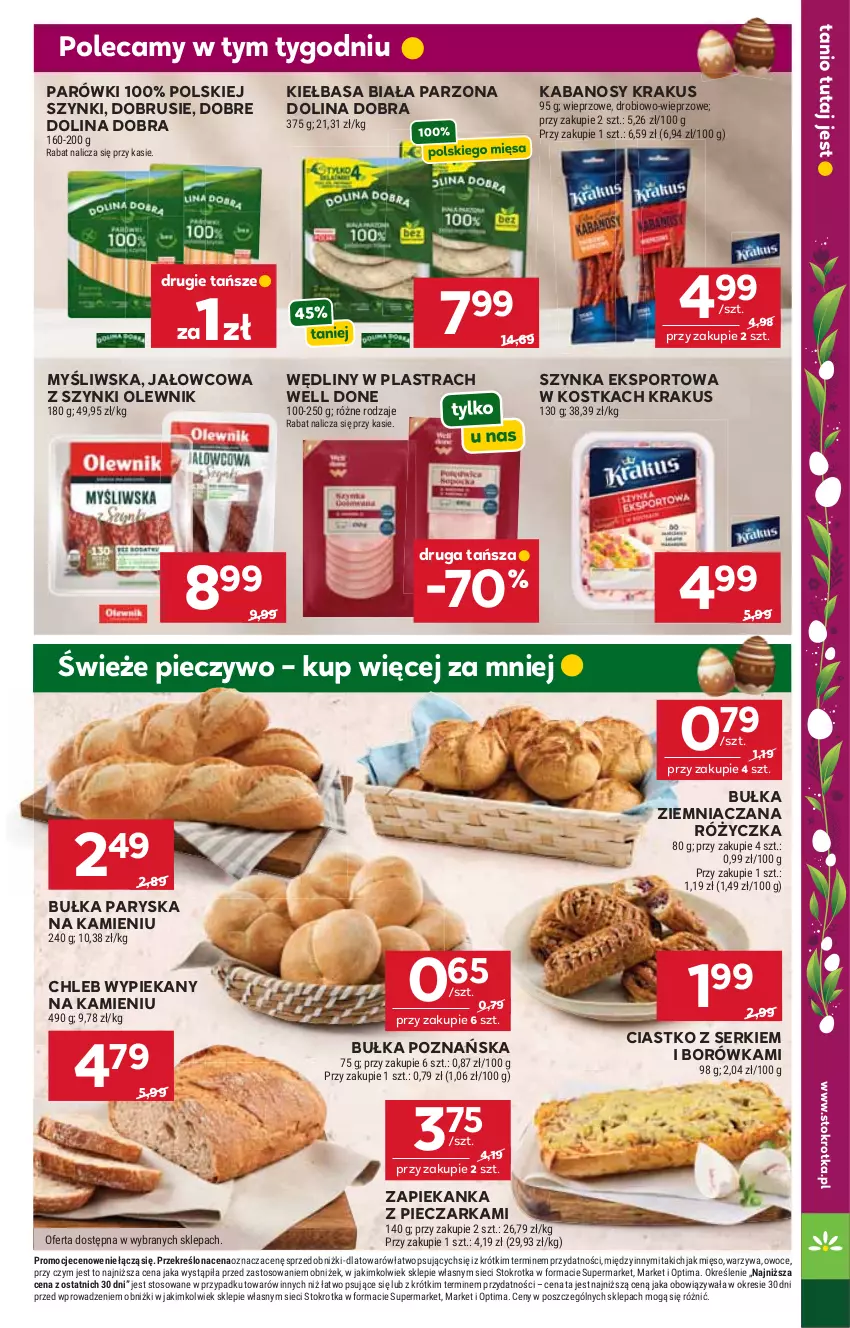Gazetka promocyjna Stokrotka - Supermarket - ważna 02.04 do 08.04.2026 - strona 17 - produkty: Borówka, Bułka, Chleb, Kabanos, Kiełbasa, Kiełbasa biała, Krakus, Mięso, Obrus, Olewnik, Optima, Owoce, Parówki, Piec, Pieczarka, Pieczywo, Por, Ser, Sport, Szynka, Warzywa, Zapiekanka