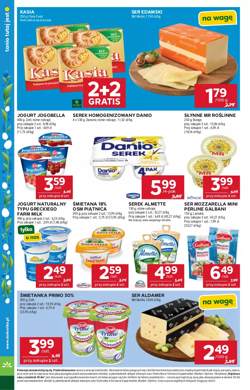 Gazetka promocyjna Stokrotka - Supermarket - ważna 02.04 do 08.04.2026 - strona 19 - produkty: Almette, Bell, Bella, Danio, Danone, Edam, Fa, Farm Milk, Flora, Galbani, Gra, Jogobella, Jogurt, Jogurt naturalny, Kasia, Mięso, Mozzarella, Optima, Owoce, Piątnica, Ser, Serek, Serek homogenizowany, Słynne, Słynne MR Roślinne, Warzywa, Zott