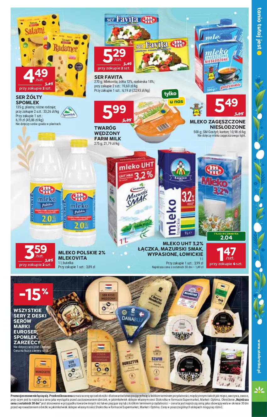 Gazetka promocyjna Stokrotka - Supermarket - ważna 02.04 do 08.04.2026 - strona 20 - produkty: Cheddar, Fa, Farm Milk, Favita, Gouda, Mięso, Mleko, Mleko zagęszczone, Mlekovita, Optima, Owoce, Ser, Twaróg, Warzywa