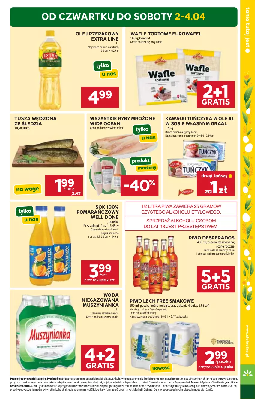 Gazetka promocyjna Stokrotka - Supermarket - ważna 02.04 do 08.04.2026 - strona 3 - produkty: Desperados, Gra, Graal, Kawa, Mięso, Mus, Muszynianka, Olej, Olej rzepakowy, Optima, Owoce, Piwa, Piwo, Sok, Sos, Tuńczyk, Tusz, Wafle, Wafle tortowe, Warzywa, Woda, Woda niegazowana