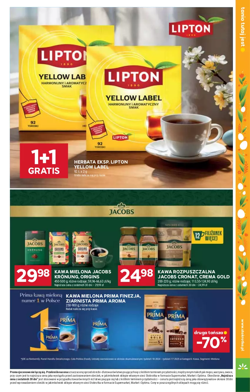 Gazetka promocyjna Stokrotka - Supermarket - ważna 02.04 do 08.04.2026 - strona 30 - produkty: Gin, Gra, Herbata, Jacobs, Jacobs Krönung, Kawa, Kawa mielona, Kawa rozpuszczalna, Lipton, Mięso, Optima, Owoce, Prima, Warzywa