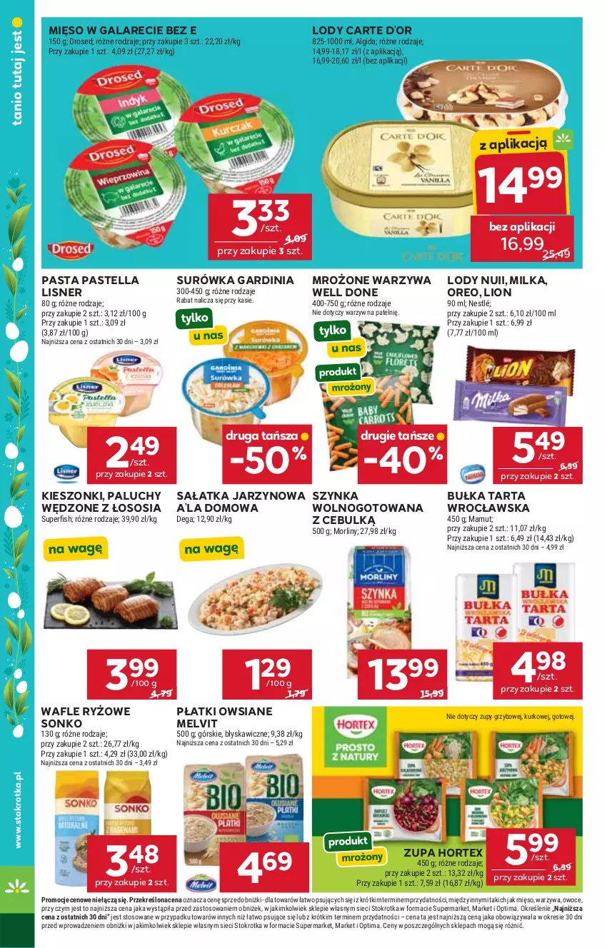 Gazetka promocyjna Stokrotka - Supermarket - ważna 02.04 do 08.04.2026 - strona 33 - produkty: Algida, Bułka, Bułka tarta, Dega, Gala, Hortex, LG, Lion, Lisner, Lody, Melvit, Mięso, Mięso w galarecie, Milka, Morliny, Nestlé, Optima, Oreo, Owoce, Pastella, Płatki owsiane, Ryż, Sałat, Sałatka, Sonko, Sos, Surówka, Szynka, Tarta, Wafle, Warzywa, Zupa