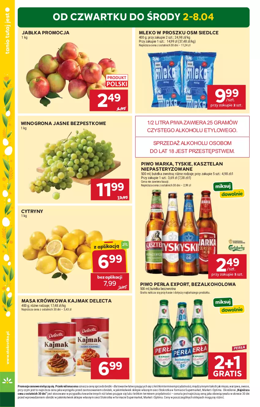 Gazetka promocyjna Stokrotka - Supermarket - ważna 02.04 do 08.04.2026 - strona 4 - produkty: Cytryny, Delecta, Gra, Jabłka, Kasztelan, Masa krówkowa, Mięso, Mleko, Mleko w proszku, Optima, Owoce, Perła, Piwa, Piwo, Por, Tyskie, Warka, Warzywa, Wino, Winogrona