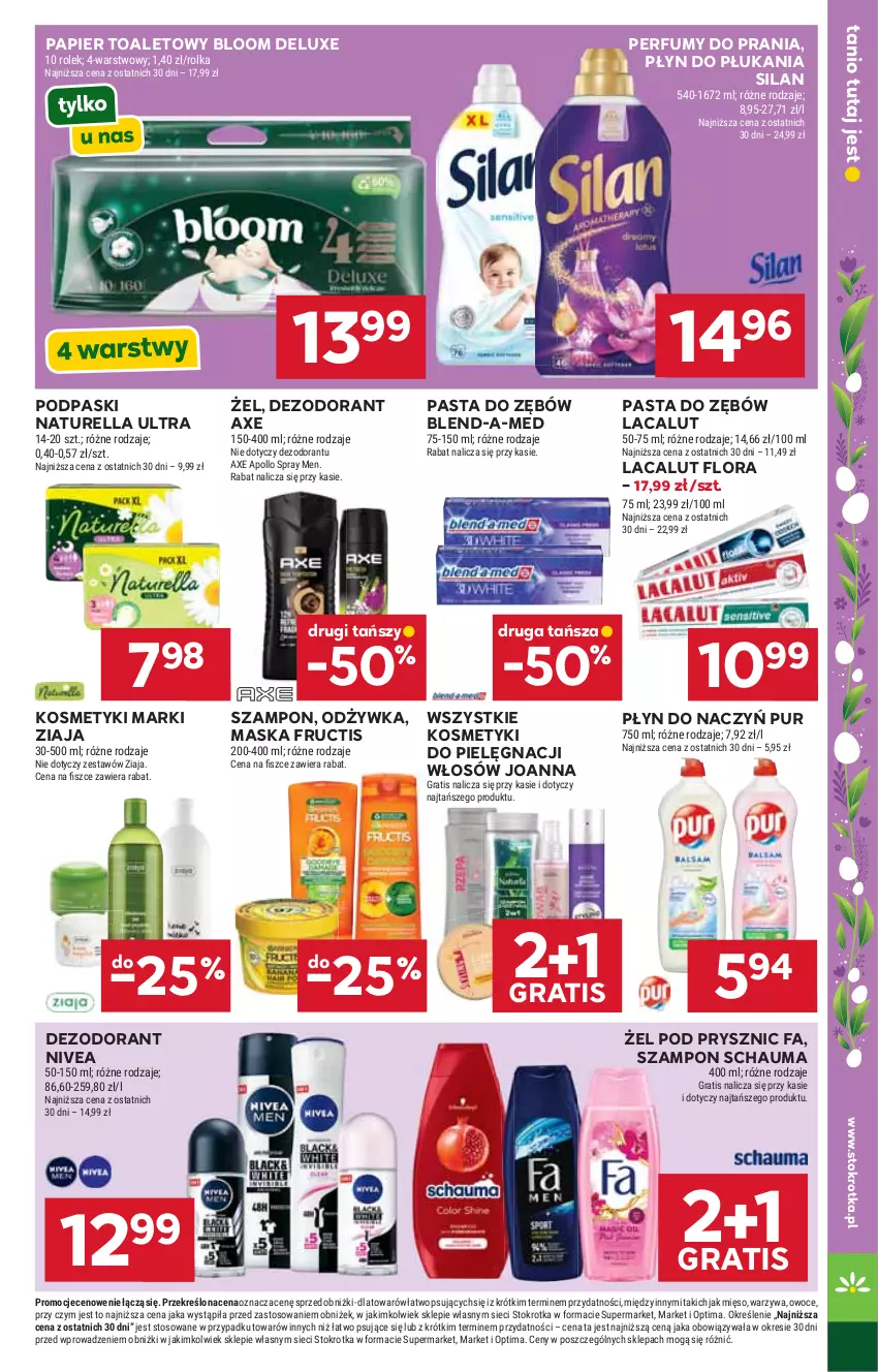 Gazetka promocyjna Stokrotka - Supermarket - ważna 02.04 do 08.04.2026 - strona 40 - produkty: Blend-a-Med, Dezodorant, Fa, Flora, Fructis, Gra, Joanna, Kosmetyki do pielęgnacji, Lacalut, Maska, Mięso, Naturell, Naturella, Nivea, Odżywka, Optima, Owoce, Papier, Papier toaletowy, Pasta do zębów, Perfum, Płyn do płukania, Podpaski, Pur, Schauma, Silan, Szampon, Warzywa, Ziaja