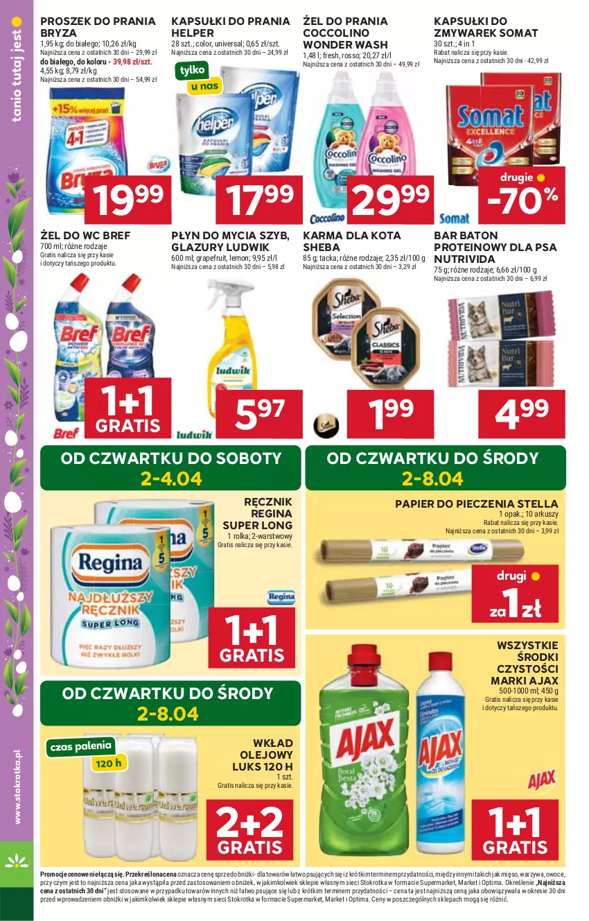 Gazetka promocyjna Stokrotka - Supermarket - ważna 02.04 do 08.04.2026 - strona 41 - produkty: Ajax, Baton, Bref, Bryza, Coccolino, Gin, Gra, Kapsułki do prania, Lazur, Ludwik, Mięso, Olej, Optima, Owoce, Papier, Papier do pieczenia, Piec, Płyn do mycia, Proszek do prania, Ręcznik, Sheba, Somat, Warzywa, Wkład olejowy