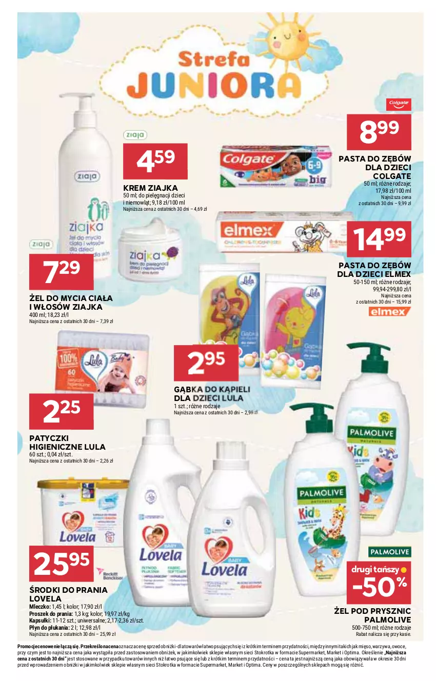 Gazetka promocyjna Stokrotka - Supermarket - ważna 02.04 do 08.04.2026 - strona 44 - produkty: Colgate, Dzieci, Elmex, LG, Lovela, Mięso, Mleczko, Optima, Owoce, Palmolive, Pasta do zębów, Płyn do płukania, Proszek do prania, Warzywa, Ziajka