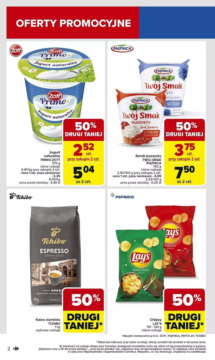 Gazetka promocyjna Carrefour - ważna 03.02 do 08.02.2025 - strona 12 - produkty: Chipsy, Jogurt, Kawa, Kawa ziarnista, Pepsi, Piątnica, Ser, Serek, Serek puszysty, Tchibo, Twój Smak, Zott