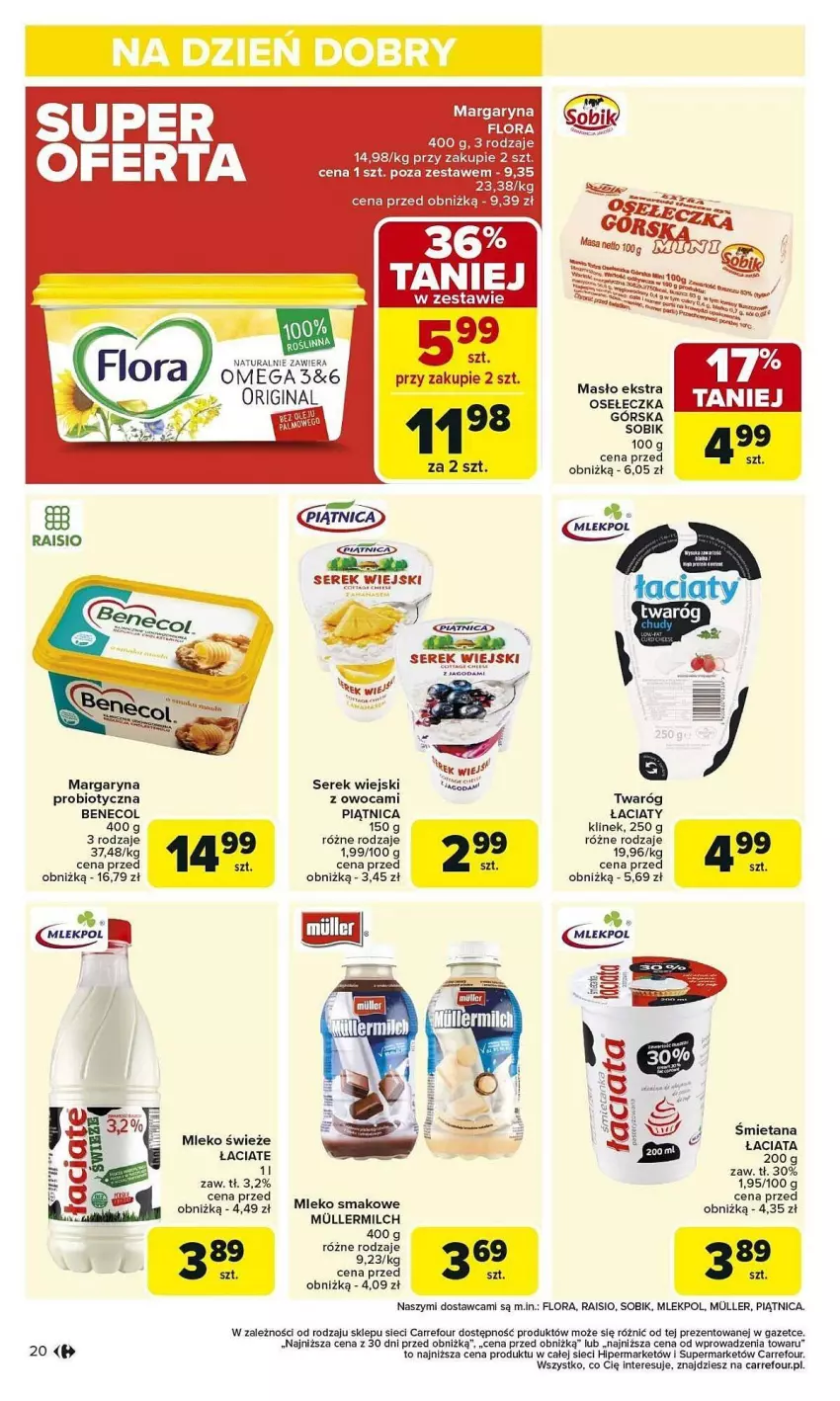 Gazetka promocyjna Carrefour - ważna 03.02 do 08.02.2025 - strona 13 - produkty: Benecol, Flora, Gin, Margaryna, Masło, Mleko, Mleko smakowe, Piątnica, Ser, Serek, Serek wiejski, Twaróg