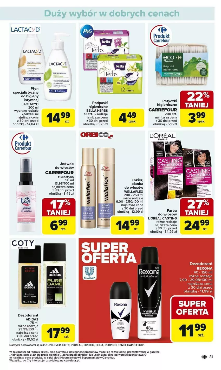 Gazetka promocyjna Carrefour - ważna 03.02 do 08.02.2025 - strona 25 - produkty: Adidas, Bell, Bella, BIC, Dezodorant, Fa, Lactacyd, Lakier, Podpaski, Pur, Wella, Wellaflex