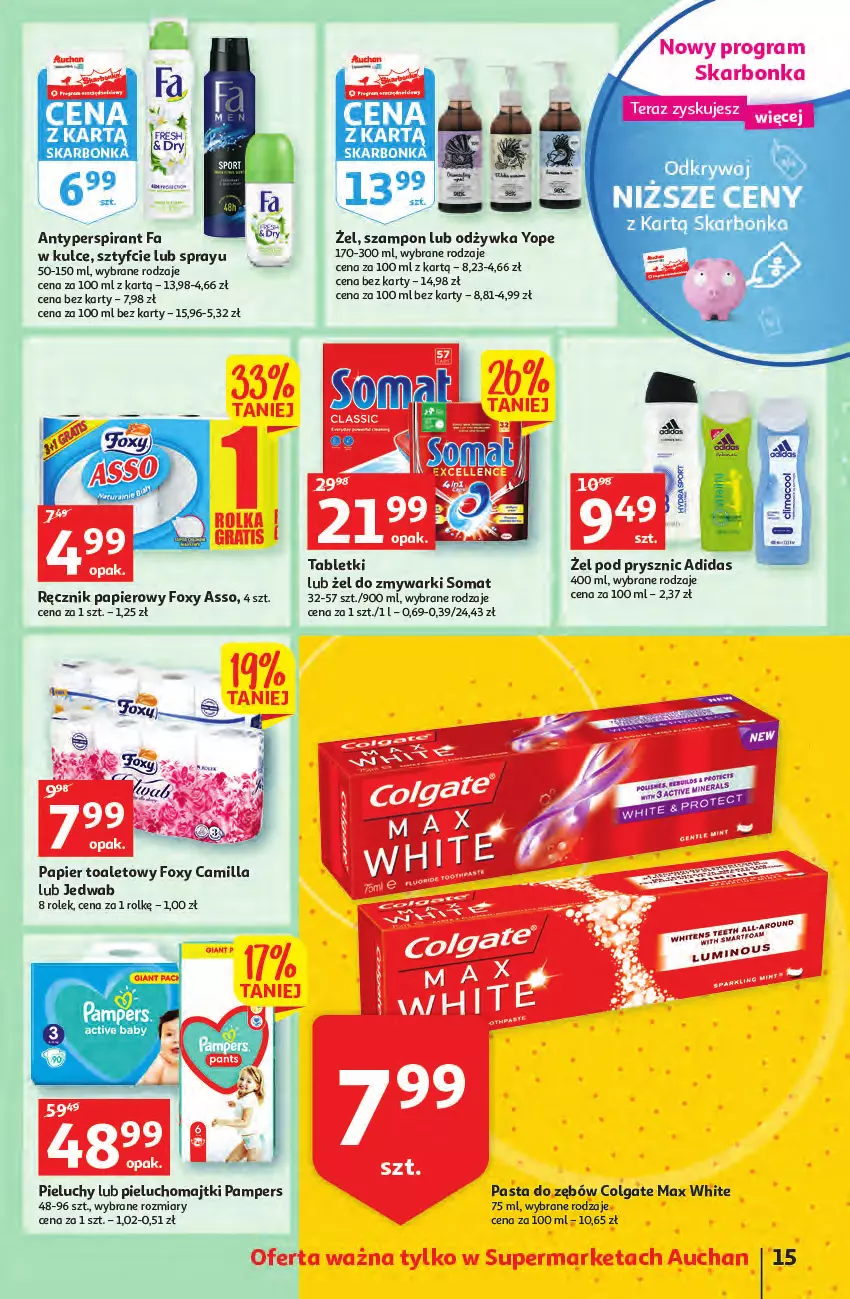 Gazetka promocyjna Auchan - Wiosenne okazje są w cenie Supermarkety - ważna 28.04 do 04.05.2022 - strona 15 - produkty: Adidas, Antyperspirant, Colgate, Fa, Foxy, Gra, LG, Majtki, Odżywka, Pampers, Papier, Papier toaletowy, Pasta do zębów, Pieluchomajtki, Pieluchy, Ręcznik, Somat, Szampon, Tablet, Zmywarki