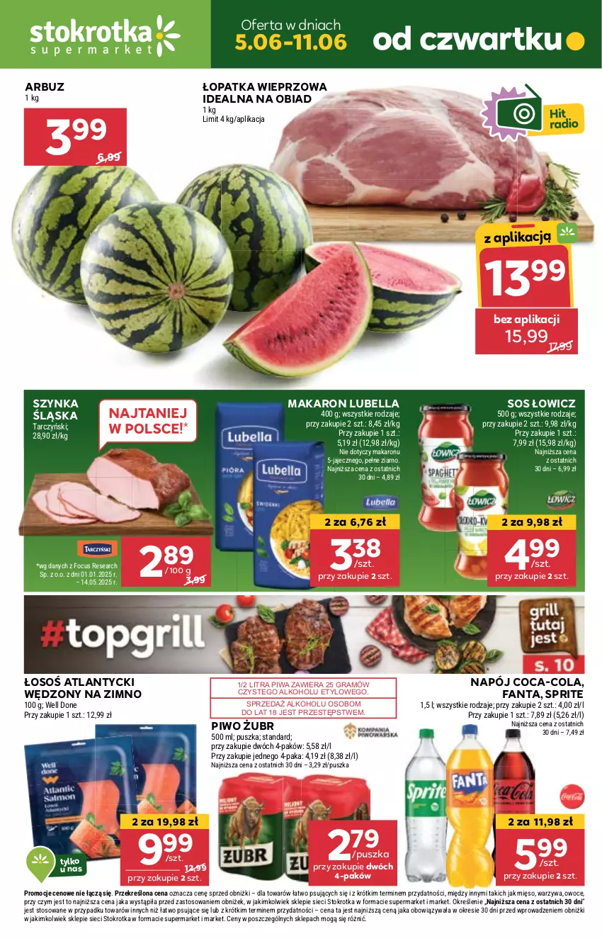 Gazetka promocyjna Stokrotka - Supermarket - ważna 05.06 do 11.06.2025 - strona 1 - produkty: Arbuz, Bell, Bella, Coca-Cola, Fa, Fanta, Gra, Lubella, Makaron, Mięso, Napój, Owoce, Piwa, Piwo, Sos, Sprite, Szynka, Tarczyński, Warzywa