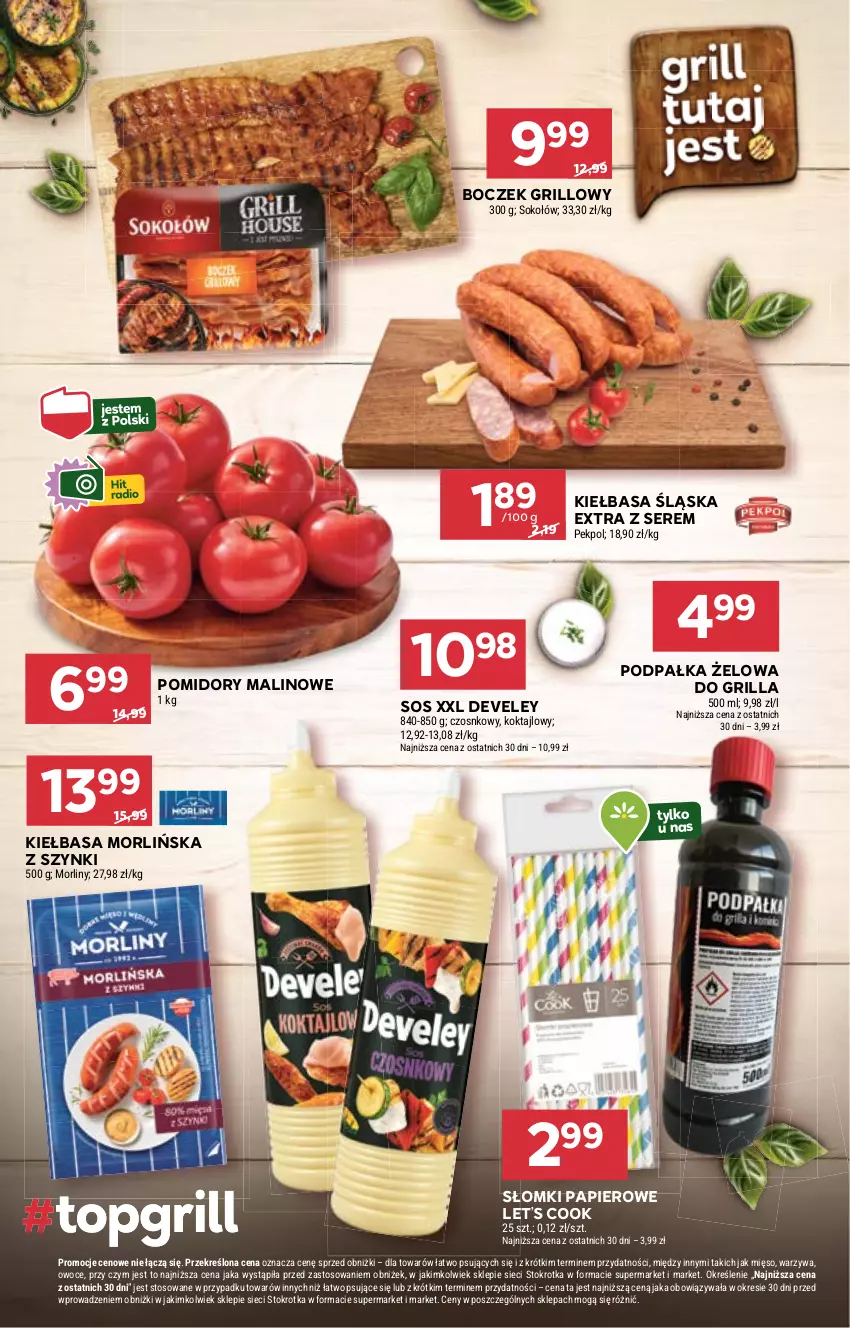 Gazetka promocyjna Stokrotka - Supermarket - ważna 05.06 do 11.06.2025 - strona 10 - produkty: Boczek, Grill, Kiełbasa, Kiełbasa śląska, Mięso, Morliny, Owoce, Papier, Pekpol, Pomidory, Ser, Sok, Sokołów, Sos, Warzywa