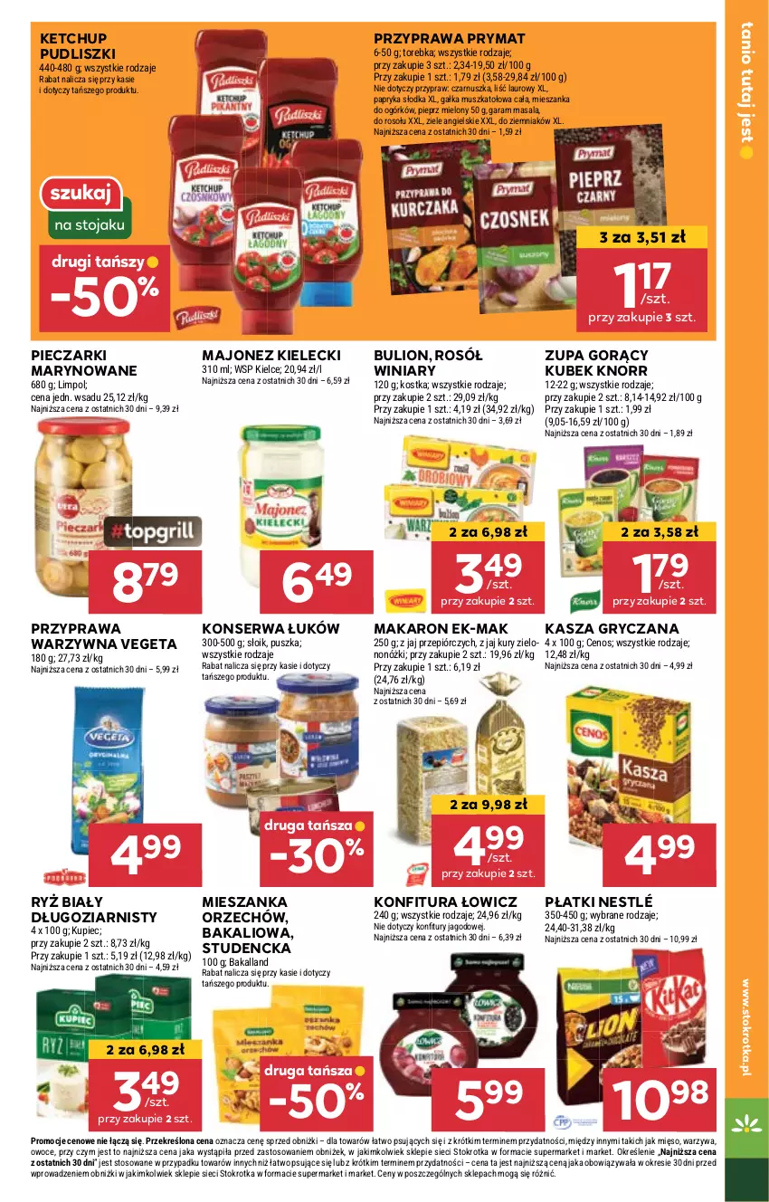 Gazetka promocyjna Stokrotka - Supermarket - ważna 05.06 do 11.06.2025 - strona 15 - produkty: Bakalland, Bulion, Cenos, Gałka, Gry, Kasza, Kasza gryczana, Ketchup, Knorr, Konfitura, Kubek, Kupiec, Laur, Lion, Majonez, Makaron, Mięso, Mus, Nestlé, Owoce, Papryka, Papryka słodka, Piec, Pieprz, Prymat, Pudliszki, Rosół, Ryż, Ryż biały, Ser, Torebka, Vegeta, Warzywa, Winiary, Ziele angielskie, Zupa