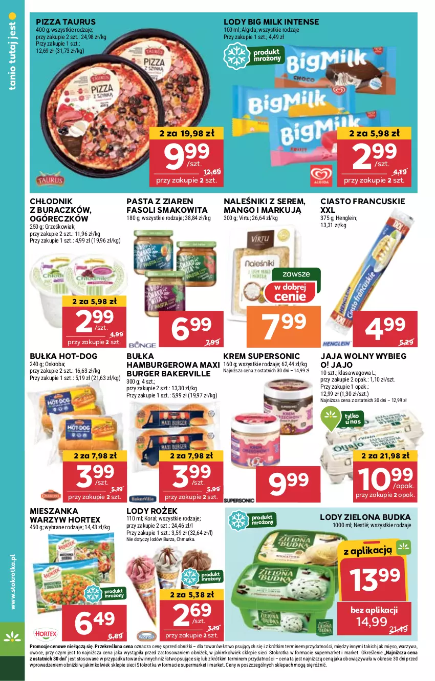 Gazetka promocyjna Stokrotka - Supermarket - ważna 05.06 do 11.06.2025 - strona 20 - produkty: Algida, Big Milk, Bułka, Burger, Ciasto francuskie, Fa, Hamburger, Hortex, Jaja, LG, Lody, Mango, Mięso, Mieszanka warzyw, Naleśniki, Nestlé, Owoce, Pizza, Ser, Smakowita, Virtu, Warzywa, Zielona Budka