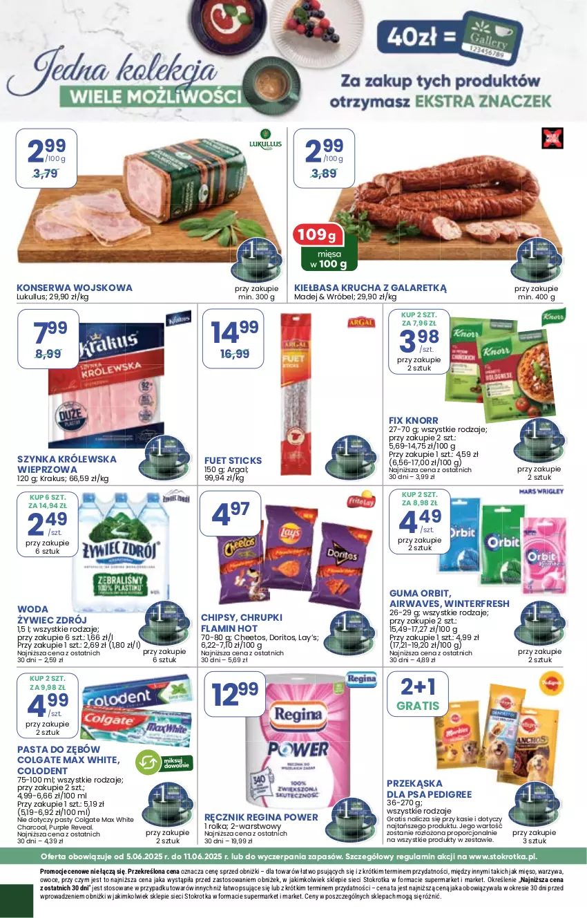 Gazetka promocyjna Stokrotka - Supermarket - ważna 05.06 do 11.06.2025 - strona 24 - produkty: Cheetos, Chipsy, Chrupki, Colgate, Gala, Gin, Gra, Kiełbasa, Kiełbasa krucha, Knorr, Krakus, Lay’s, LG, Mięso, Orbit, Owoce, Pasta do zębów, Pedigree, Por, Pur, Ręcznik, Ser, Szynka, Szynka Królewska, Warzywa, Woda
