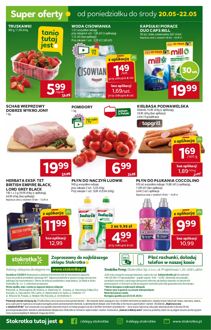 Gazetka promocyjna Stokrotka - Market - ważna 16.05 do 22.05.2024 - strona 19 - produkty: Brit, Cisowianka, Coccolino, Dres, Herbata, JBL, Kiełbasa, Kiełbasa podwawelska, Lack, Ludwik, Płyn do płukania, Pomidory, Schab wieprzowy, Telefon, Truskawki, Wawel, Woda