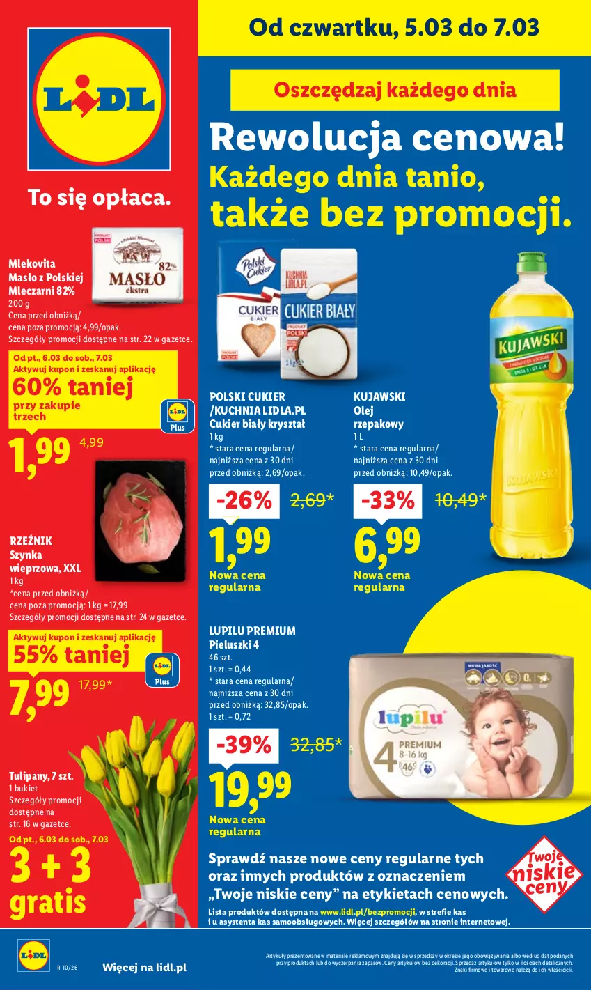 Gazetka promocyjna Lidl - GAZETKA - ważna 05.03 do 07.03.2026 - strona 1 - produkty: Bukiet, Cukier, Gra, Kuchnia, Kujawski, Masło, Mleko, Mlekovita, Olej, Olej rzepakowy, Szynka, Szynka wieprzowa, Tulipan