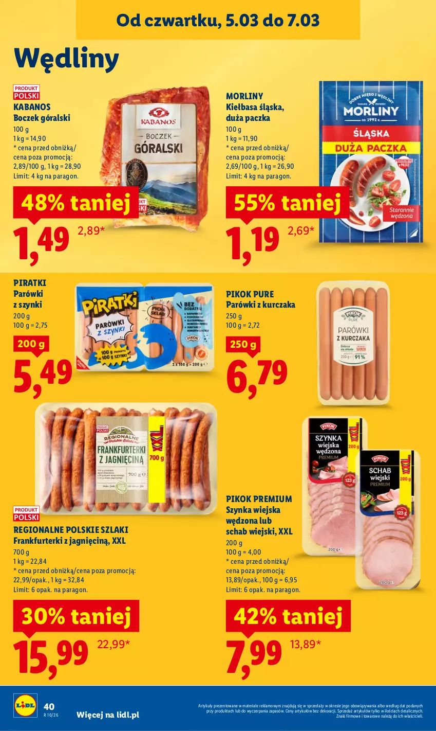 Gazetka promocyjna Lidl - GAZETKA - ważna 05.03 do 07.03.2026 - strona 42 - produkty: Boczek, Frankfurterki, Kabanos, Kiełbasa, Kiełbasa śląska, Kurczak, Morliny, Parówki, Parówki z szynki, PIKOK, Pur, Szynka