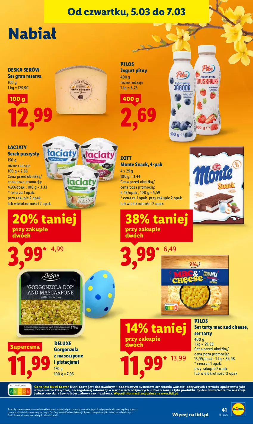 Gazetka promocyjna Lidl - GAZETKA - ważna 05.03 do 07.03.2026 - strona 43 - produkty: Deska serów, Gorgonzola, Gra, Jogurt, Jogurt pitny, Mascarpone, Monte, Pilos, Ser, Serek, Serek puszysty, Zott