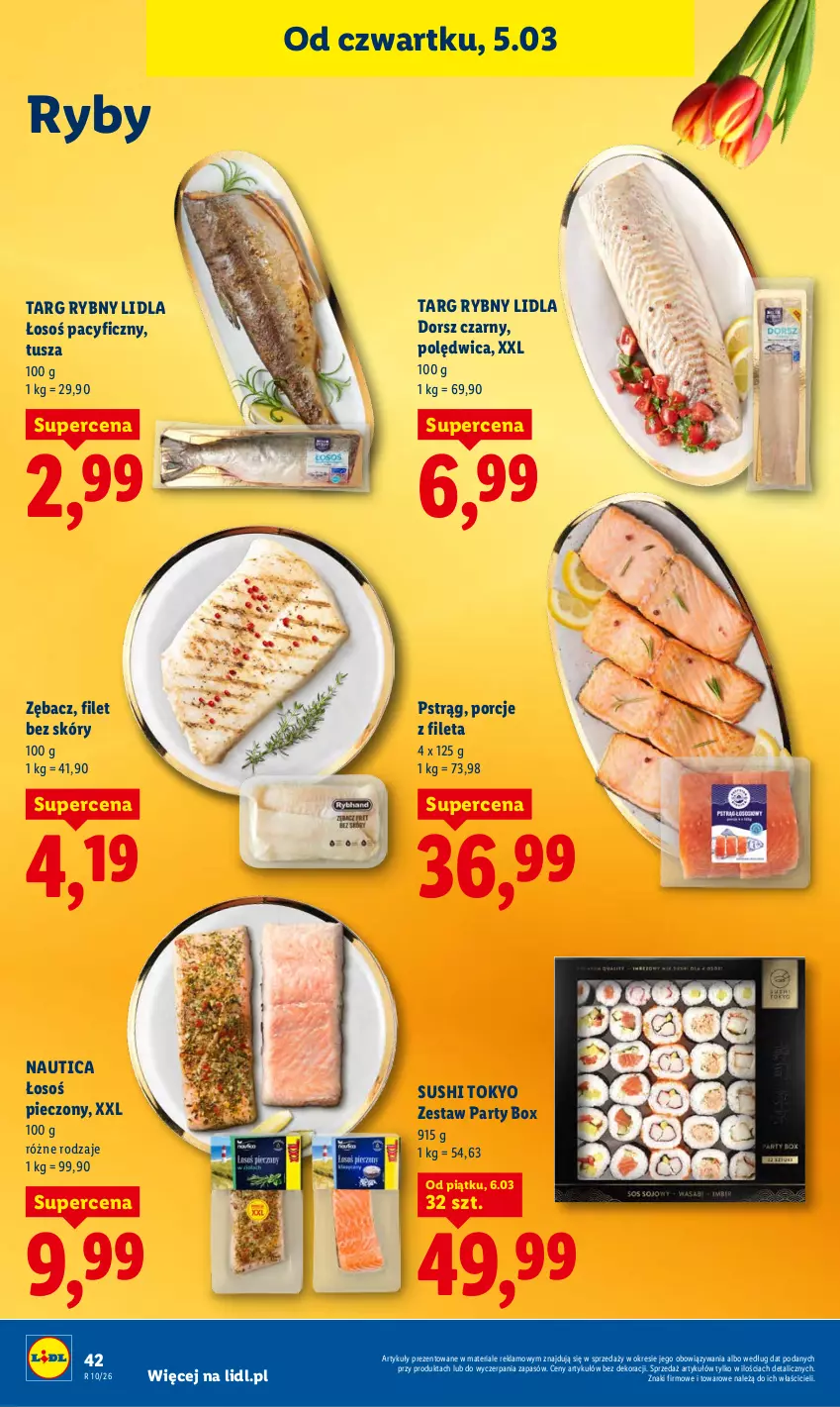 Gazetka promocyjna Lidl - GAZETKA - ważna 05.03 do 07.03.2026 - strona 44 - produkty: Dorsz, Piec, Polędwica, Por, Pstrąg, Sushi, Tusz