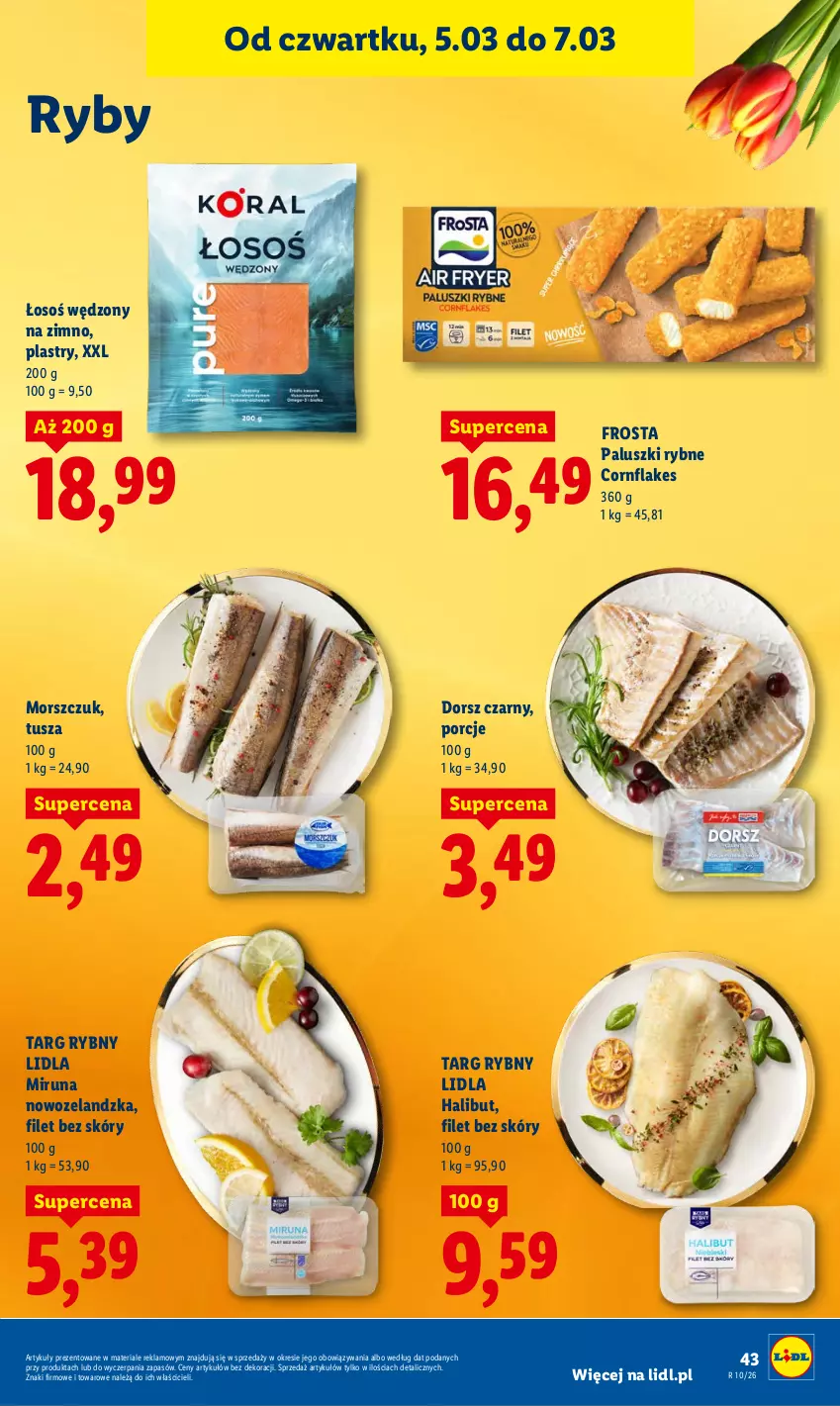 Gazetka promocyjna Lidl - GAZETKA - ważna 05.03 do 07.03.2026 - strona 45 - produkty: Dorsz, Frosta, Halibut, Miruna, Paluszki rybne, Por, Tusz