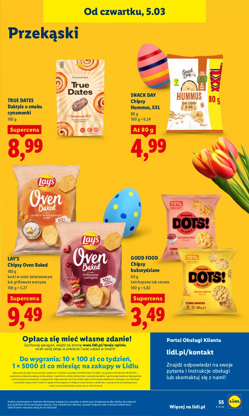 Gazetka promocyjna Lidl - GAZETKA - ważna 05.03 do 07.03.2026 - strona 57 - produkty: Chipsy, Daktyle, Gra, Grill, Hummus, Ketchup, Laur, Lay’s, Mola, Mus, Por, Portal, Ser, Sos, Warzywa