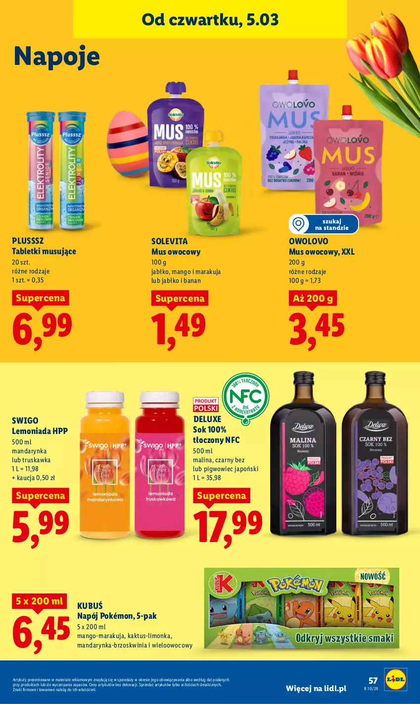 Gazetka promocyjna Lidl - GAZETKA - ważna 05.03 do 07.03.2026 - strona 59 - produkty: HP, Kaktus, Kubuś, Lemoniada, Limonka, Mango, Mus, Napój, Napoje, Pigwowiec, Pokémon, Sok, Tablet, Tabletki musujące