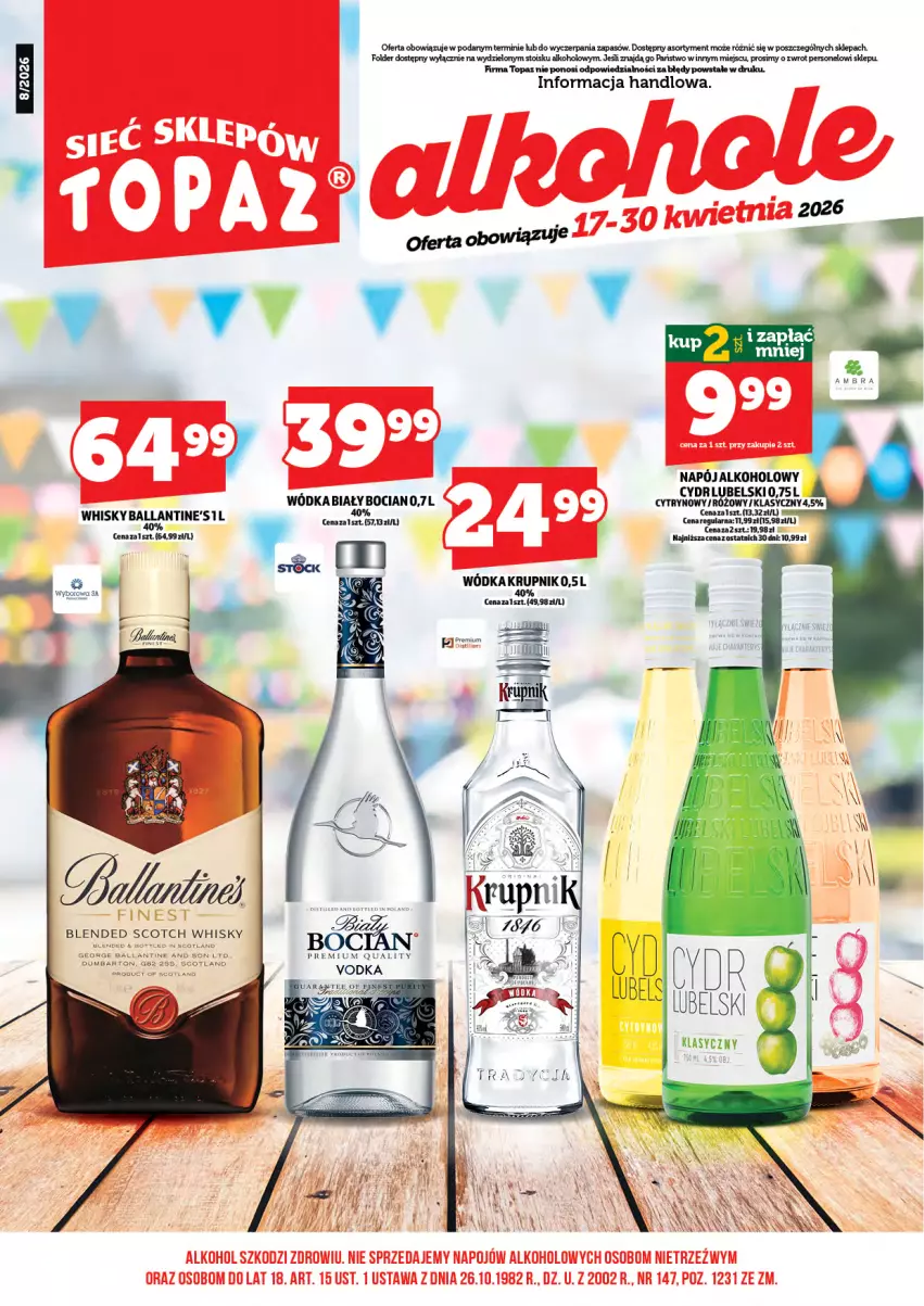 Gazetka promocyjna Topaz - Gazetka - ważna 17.04 do 30.04.2026 - strona 3 - produkty: Biały Bocian, Krupnik, Napój, Top, Whisky, Wódka