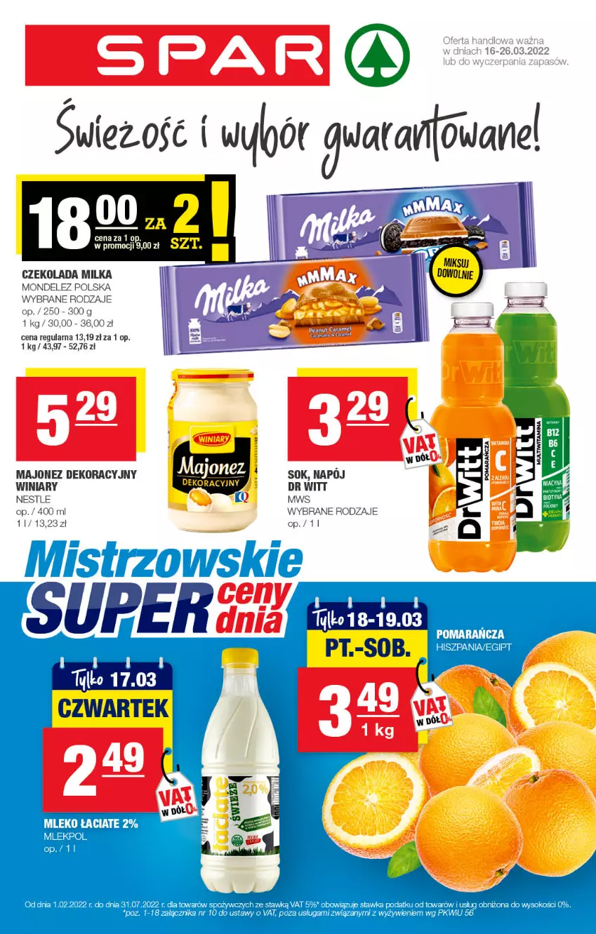 Gazetka promocyjna Spar - Spar - ważna 14.03 do 24.03.2022 - strona 1 - produkty: Czekolada, Majonez, Milka, Mleko, Napój, Sok, Winiary