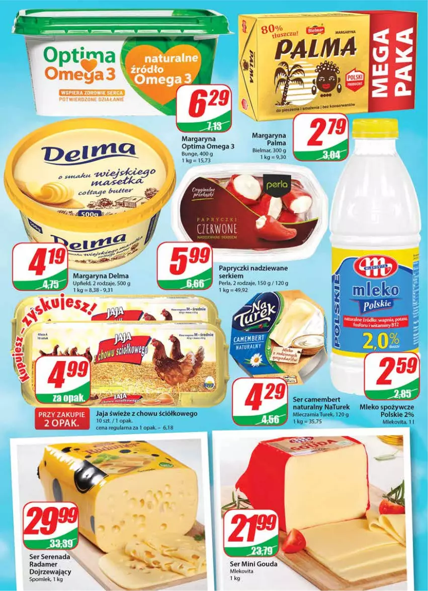 Gazetka promocyjna Dino - Gazetka - ważna 09.02 do 15.02.2022 - strona 13 - produkty: Camembert, Delma, Gouda, Jaja, Margaryna, Mleko, Mlekovita, NaTurek, Optima, Palma, Papryczki nadziewane, Radamer, Ser