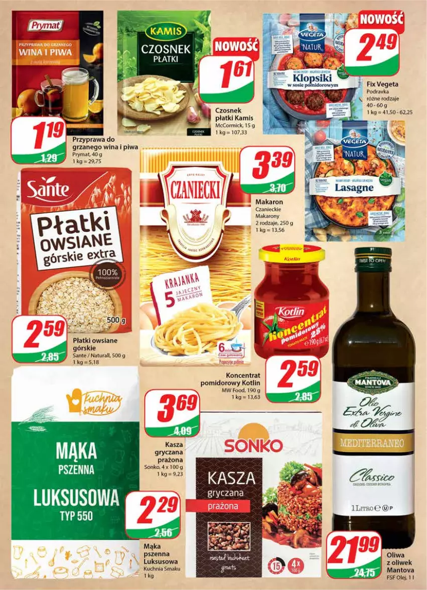 Gazetka promocyjna Dino - Gazetka - ważna 09.02 do 15.02.2022 - strona 6 - produkty: Czosnek, Gry, Kamis, Kasza, Klopsiki, Koncentrat pomidorowy, Kotlin, Kuchnia, Mąka, Mąka pszenna, Makaron, Olej, Piwa, Płatki owsiane, Podravka, Prymat, Sante, Sonko, Sos, Vegeta