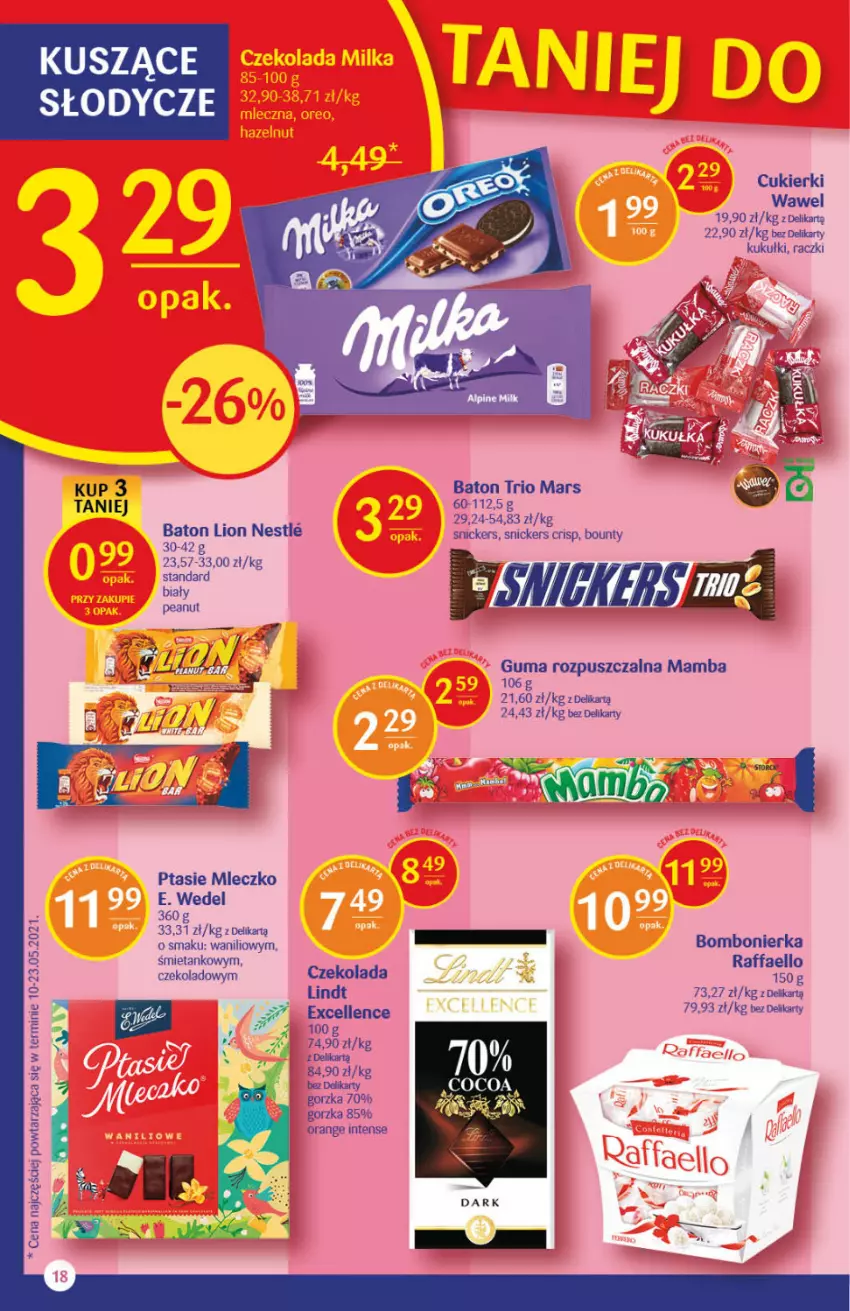 Gazetka promocyjna Delikatesy Centrum - Gazetka Delikatesy Centrum - ważna 15.07 do 21.07.2021 - strona 18 - produkty: Baton, Bounty, Cukier, Cukierki, Czekolada, E. Wedel, Fa, Guma rozpuszczalna, Lindt, Lion, Mamba, Mars, Mleczko, Ptasie mleczko, Raffaello, Snickers, Wawel