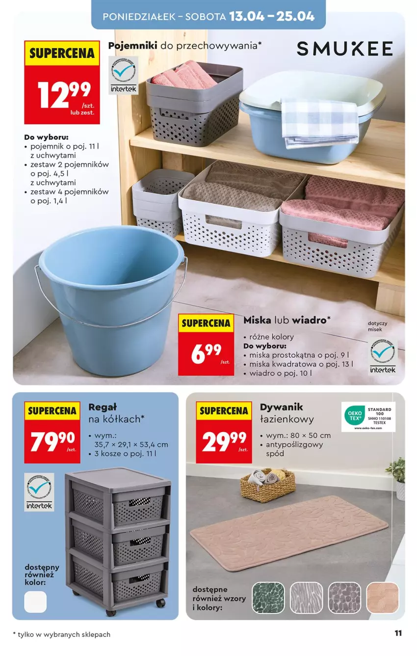 Gazetka promocyjna Biedronka - Okazje Tygodnia - ważna 11.04 do 25.04.2026 - strona 11 - produkty: Dywan, Dywanik, Fa, Kosz, Miska, Pojemnik, Regał, Wiadro