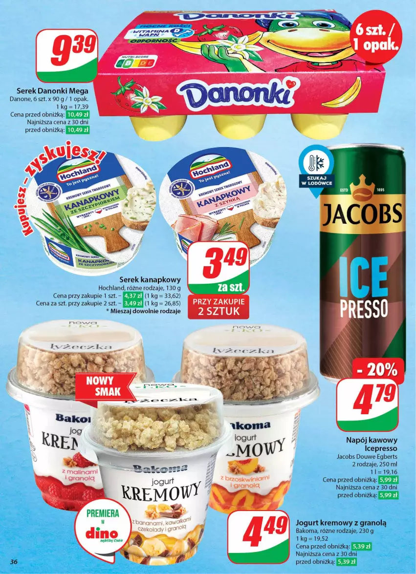 Gazetka promocyjna Dino - Gazetka 42 / 2024 - ważna 16.10 do 22.10.2024 - strona 36 - produkty: Bakoma, Danone, Danonki, Gra, Hochland, Jacobs, Jogurt, Kawa, Napój, Ser, Serek, Serek kanapkowy