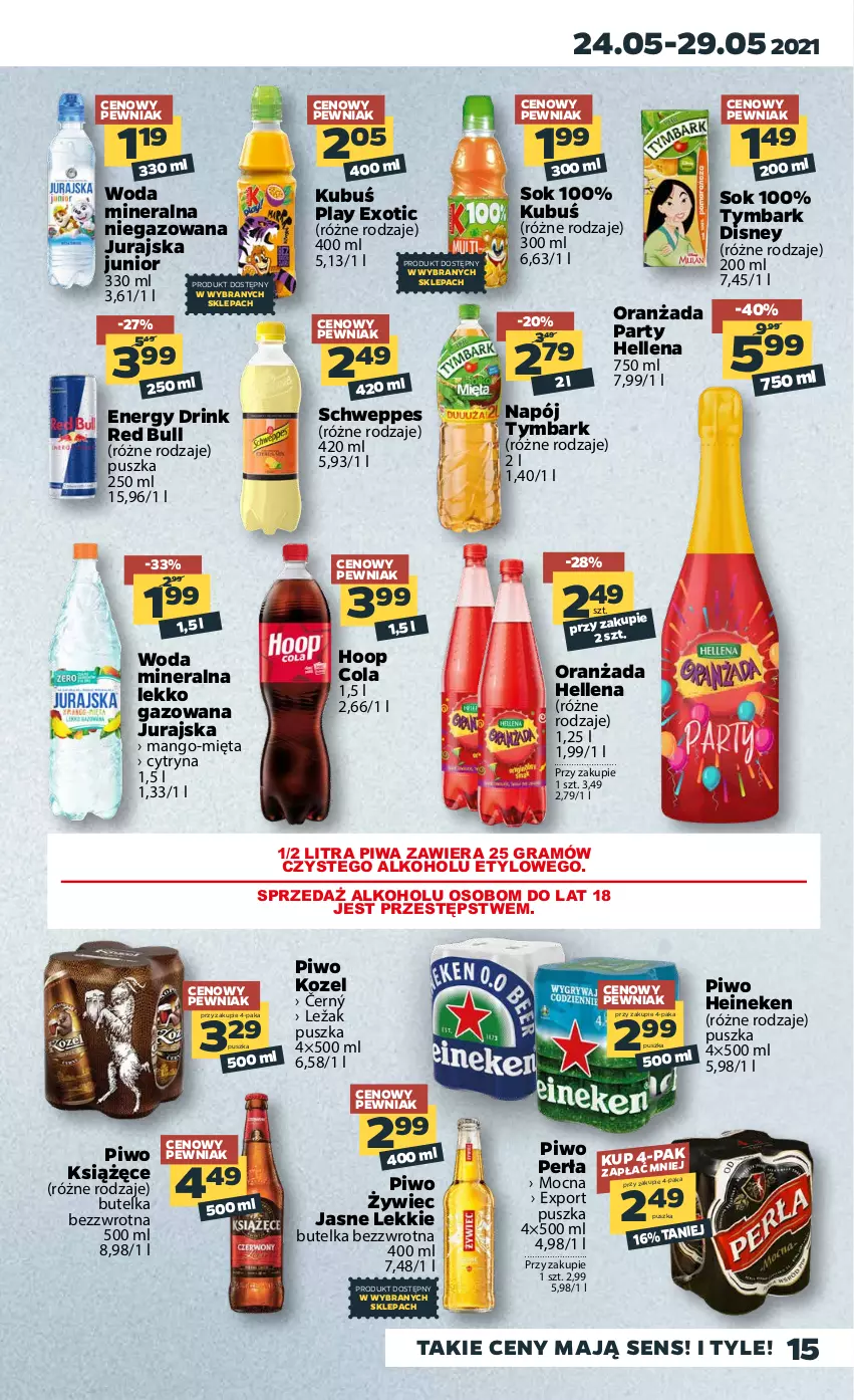 Gazetka promocyjna Netto - Gazetka spożywcza - ważna 24.05 do 29.05.2021 - strona 15 - produkty: Disney, Gra, Heineken, Hellena, Hoop, Kozel, Książęce, Kubuś, Mango, Mięta, Napój, Oranżada, Perła, Piwa, Piwo, Por, Red Bull, Schweppes, Sok, Tymbark, Woda, Woda mineralna