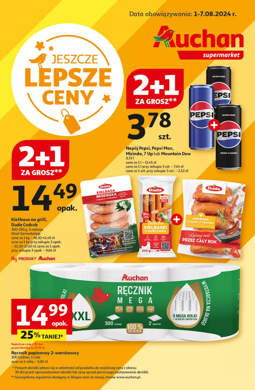 Gazetka promocyjna Auchan - Supermarket - ważna 01.08 do 07.08.2024 - strona 1 - produkty: Duda, Grill, Kiełbasa, Mirinda, Napój, Papier, Pepsi, Pepsi max, Ręcznik, Rolki