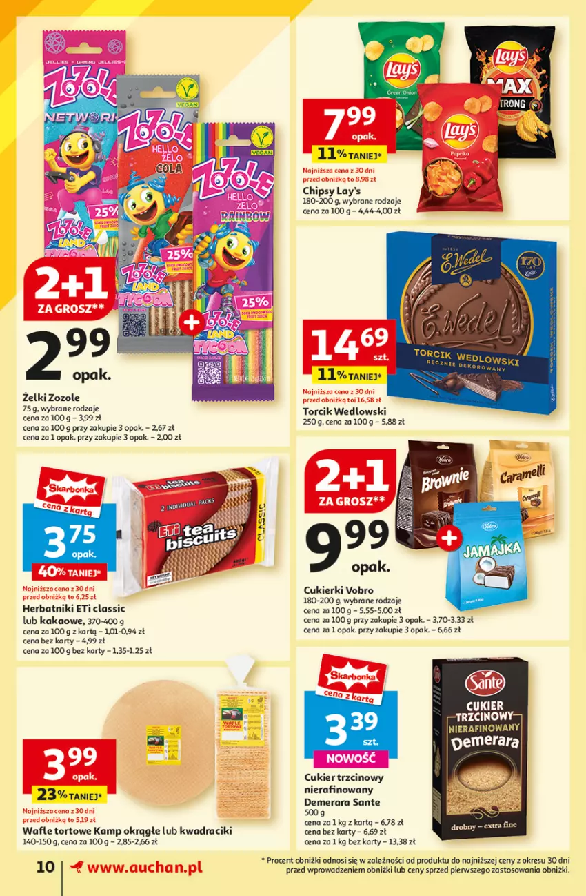 Gazetka promocyjna Auchan - Supermarket - ważna 01.08 do 07.08.2024 - strona 12 - produkty: Chipsy, Cukier, Cukier trzcinowy, Cukierki, Fa, Herbatniki, Kakao, Sante, Wafle, Wafle tortowe