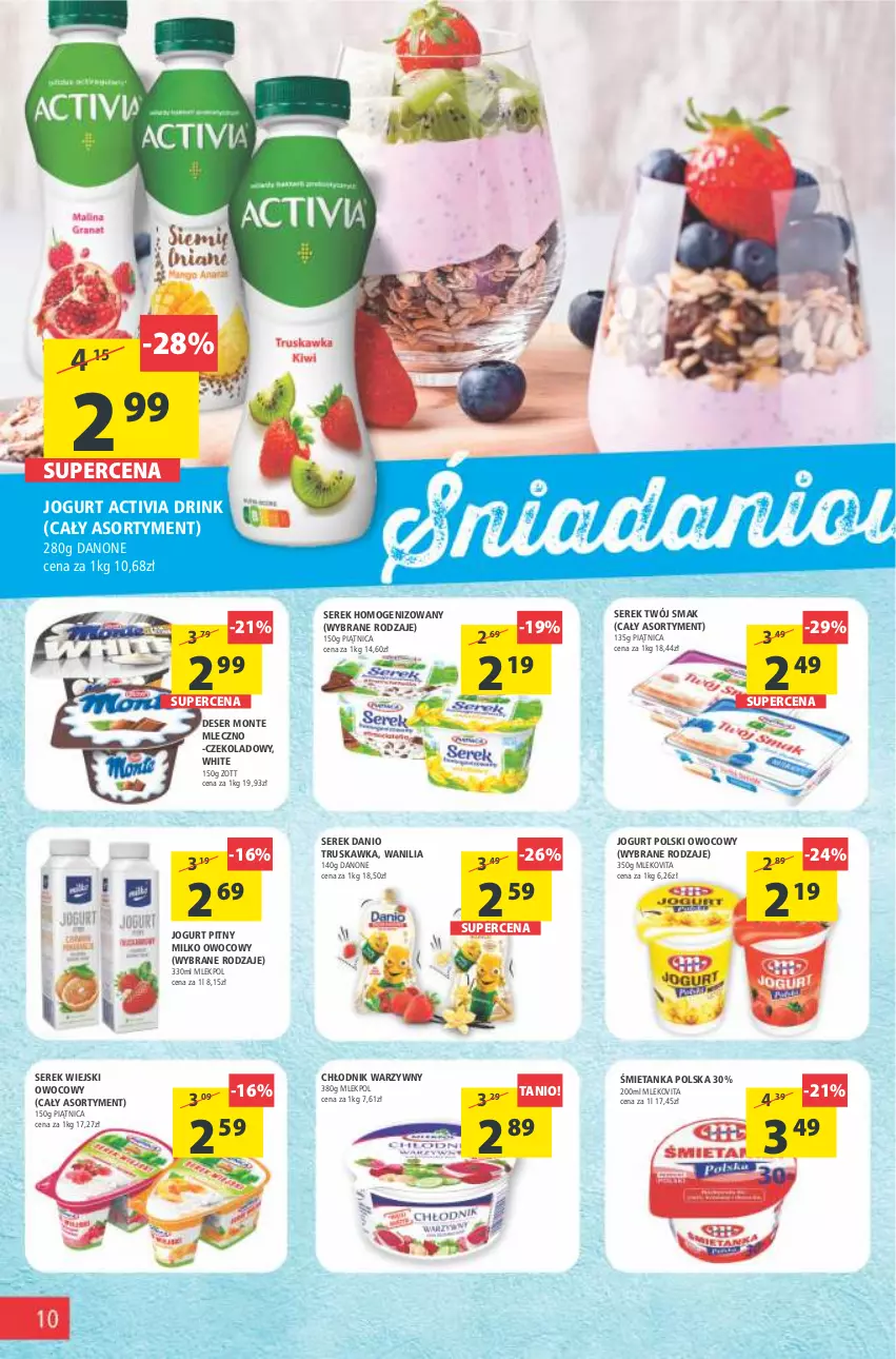 Gazetka promocyjna Arhelan - Gazetka - ważna 15.07 do 24.07.2022 - strona 10 - produkty: Activia, Danio, Danone, Deser, Jogurt, Jogurt pitny, Mleko, Mlekovita, Monte, Piątnica, Ser, Serek, Serek homogenizowany, Serek wiejski, Twój Smak, Vita C, Zott