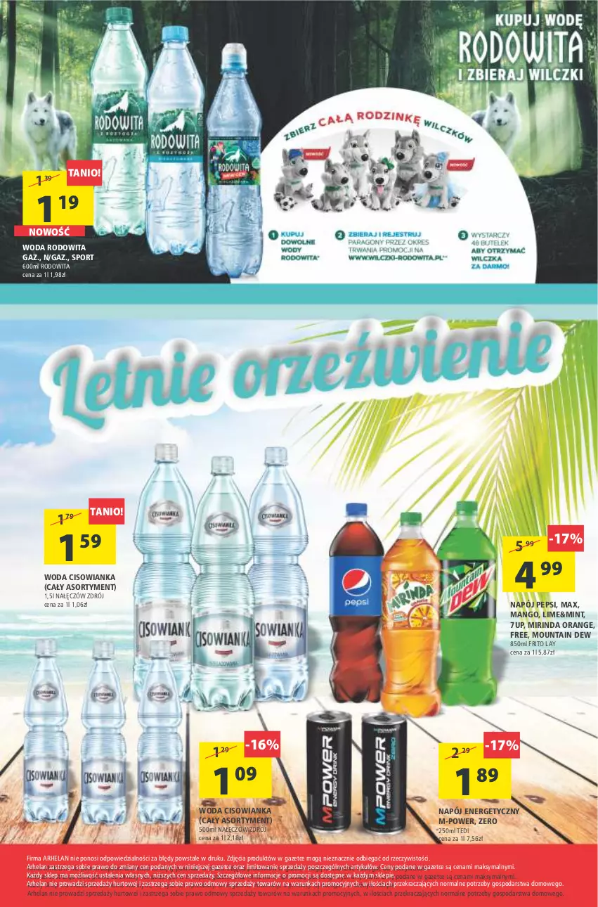 Gazetka promocyjna Arhelan - Gazetka - ważna 15.07 do 24.07.2022 - strona 24 - produkty: 7up, Cisowianka, Mango, Mirinda, Napój, Napój energetyczny, Pepsi, Por, Sport, Woda