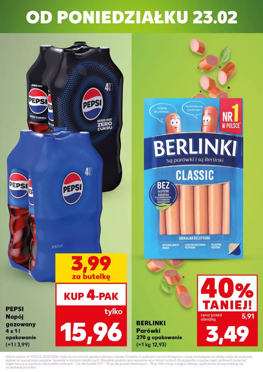 Gazetka promocyjna Kaufland - Mocny Start - ważna 23.02 do 25.02.2026 - strona 3 - produkty: Berlinki, Napój, Napój gazowany, Parówki, Pepsi