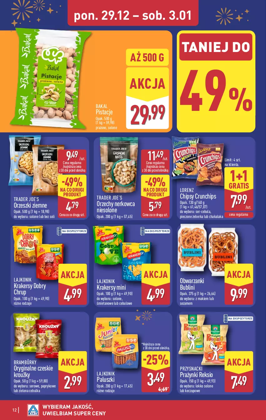 Gazetka promocyjna Aldi - Pełna oferta - ważna 29.12.2025 do 03.01.2026 - strona 12 - produkty: Cebula, Chipsy, Crunchips, Gin, Gra, Krakersy, Lajkonik, Lorenz, Orzeszki, Orzeszki ziemne, Piec, Pistacje, Przysnacki, Ser, Sezam