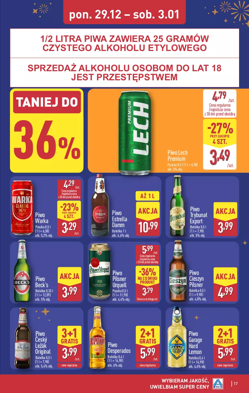 Gazetka promocyjna Aldi - Pełna oferta - ważna 29.12.2025 do 03.01.2026 - strona 17 - produkty: Desperados, Gin, Gra, Lech Premium, Pilsner Urquell, Piwa, Piwo, Por, Warka