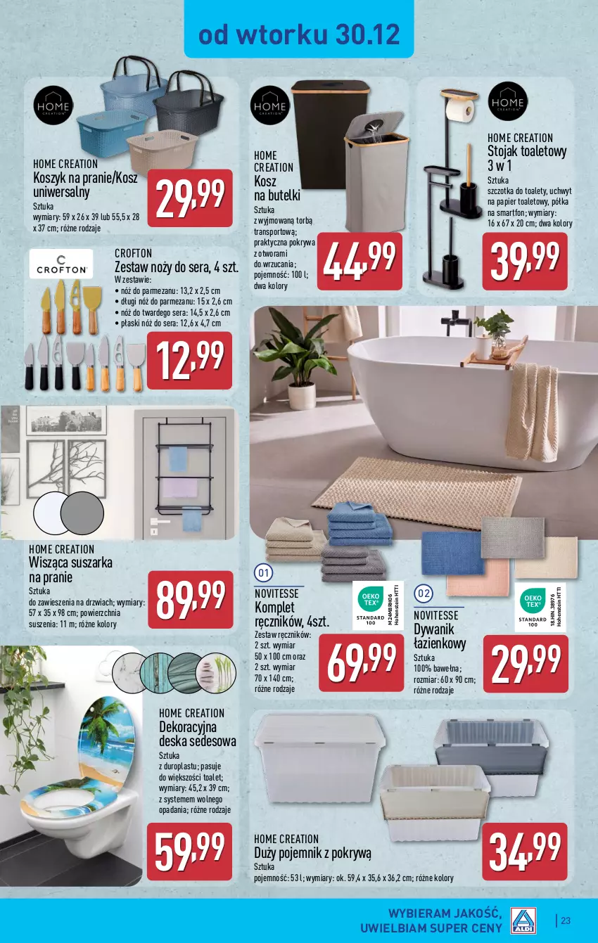 Gazetka promocyjna Aldi - Pełna oferta - ważna 29.12.2025 do 03.01.2026 - strona 23 - produkty: Deska sedesowa, Drzwi, Dywan, Dywanik, Dywanik łazienkowy, Kosz, Noż, Papier, Papier toaletowy, Parmezan, Pojemnik, Pokrywa, Półka, Por, Ręcznik, Ser, Smartfon, Sport, Stojak, Suszarka, Suszarka na pranie, Szczotka, Tran, Wełna